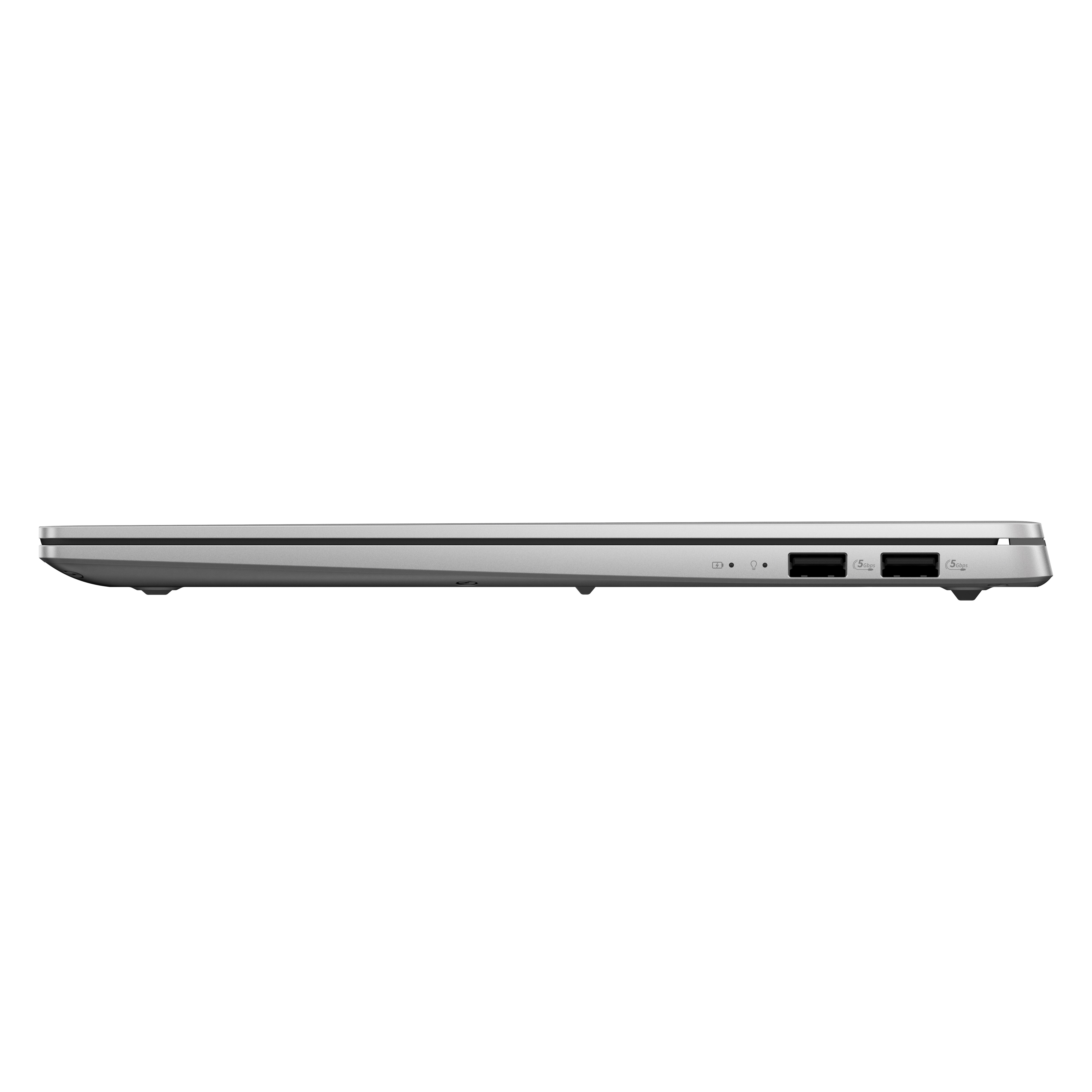 Silberner Laptop von der Seite mit sichtbaren Anschlüssen. Weißer Hintergrund.