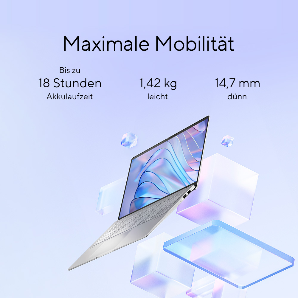 Ein silberner Laptop mit blauen und gläsernen Designelementen. Text auf Deutsch über Mobilität.