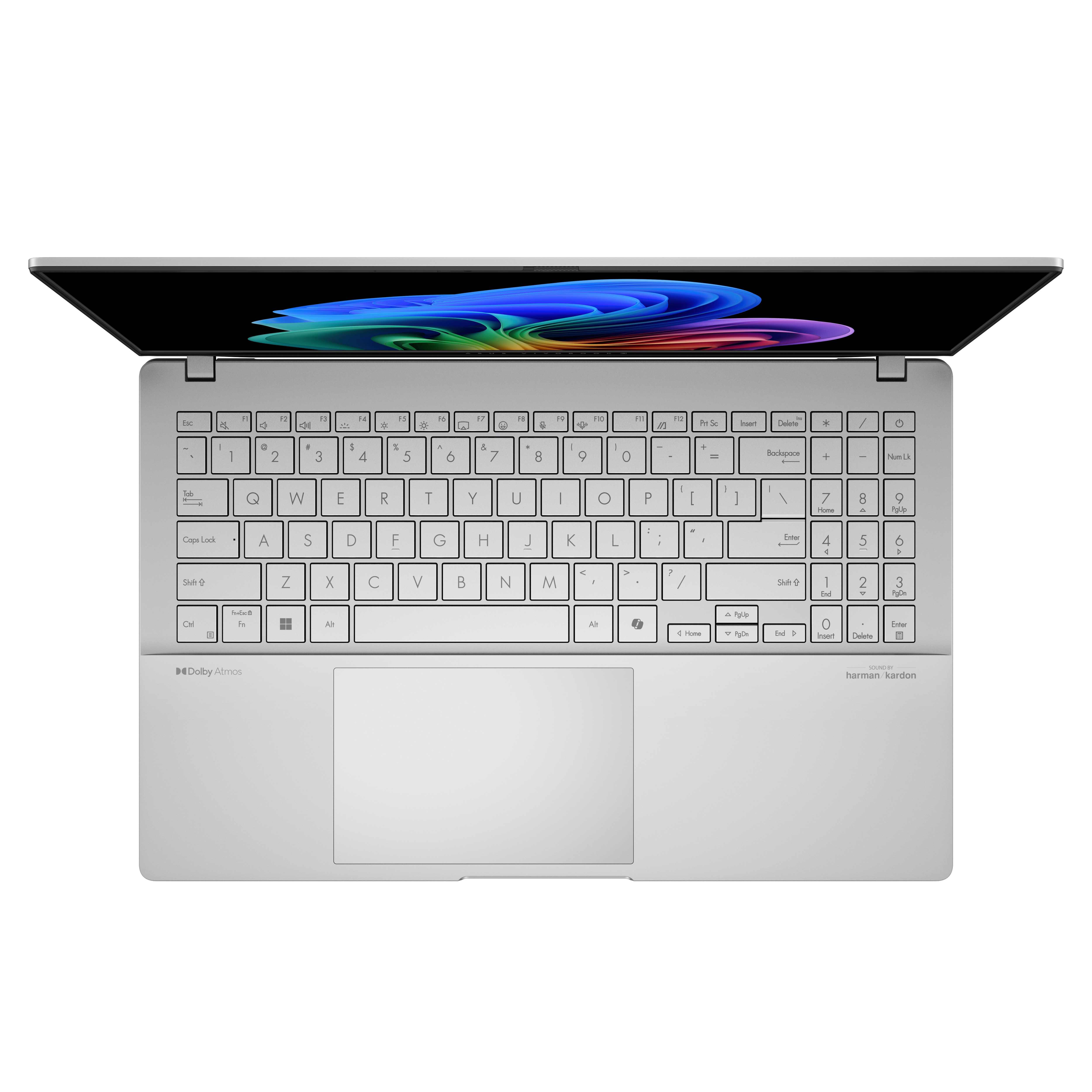 Silberner Laptop geöffnet, Tastatur sichtbar, Bildschirm zeigt bunte abstrakte Kunst.
