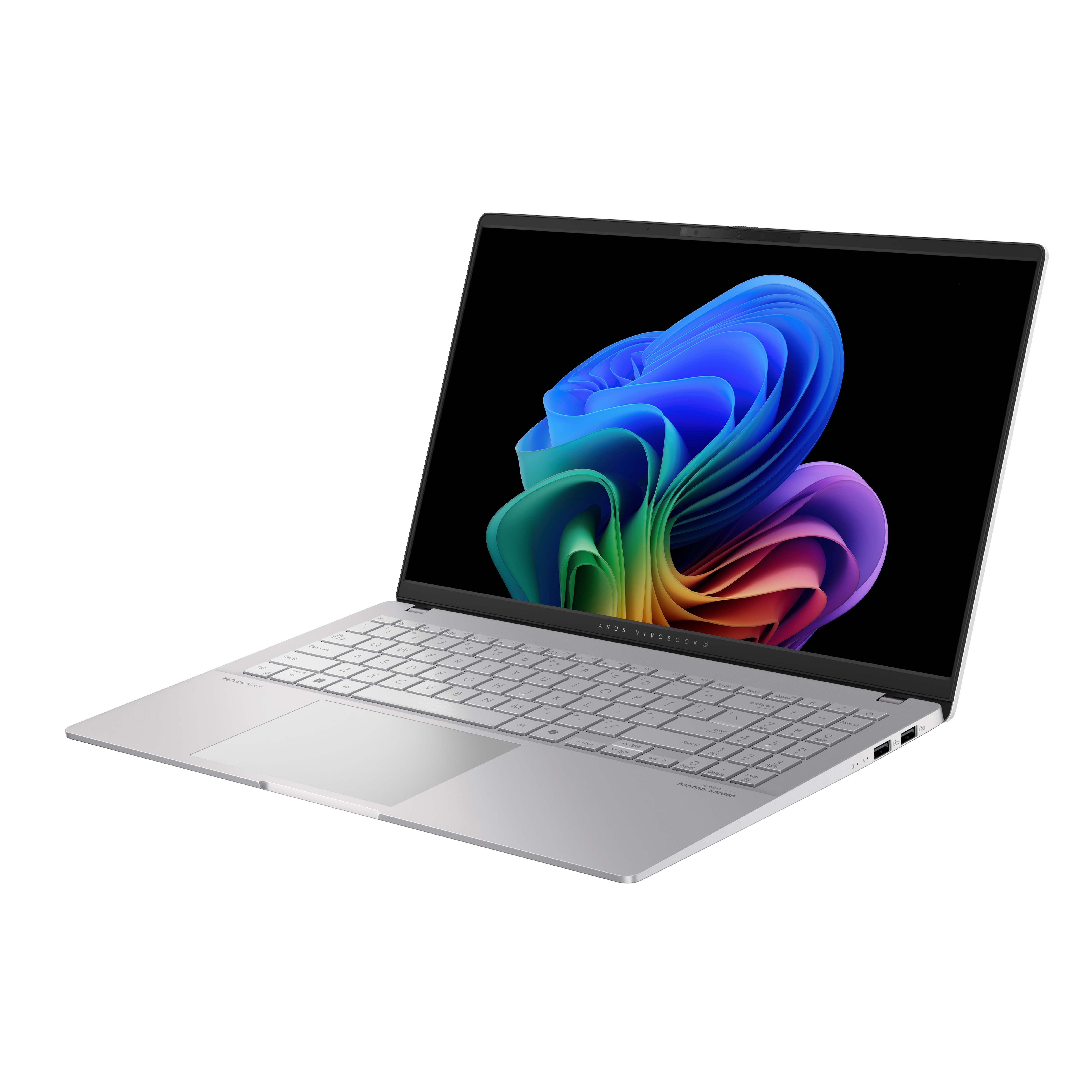 Silberner Laptop mit farbenfrohem Bildschirm auf weißer Oberfläche.