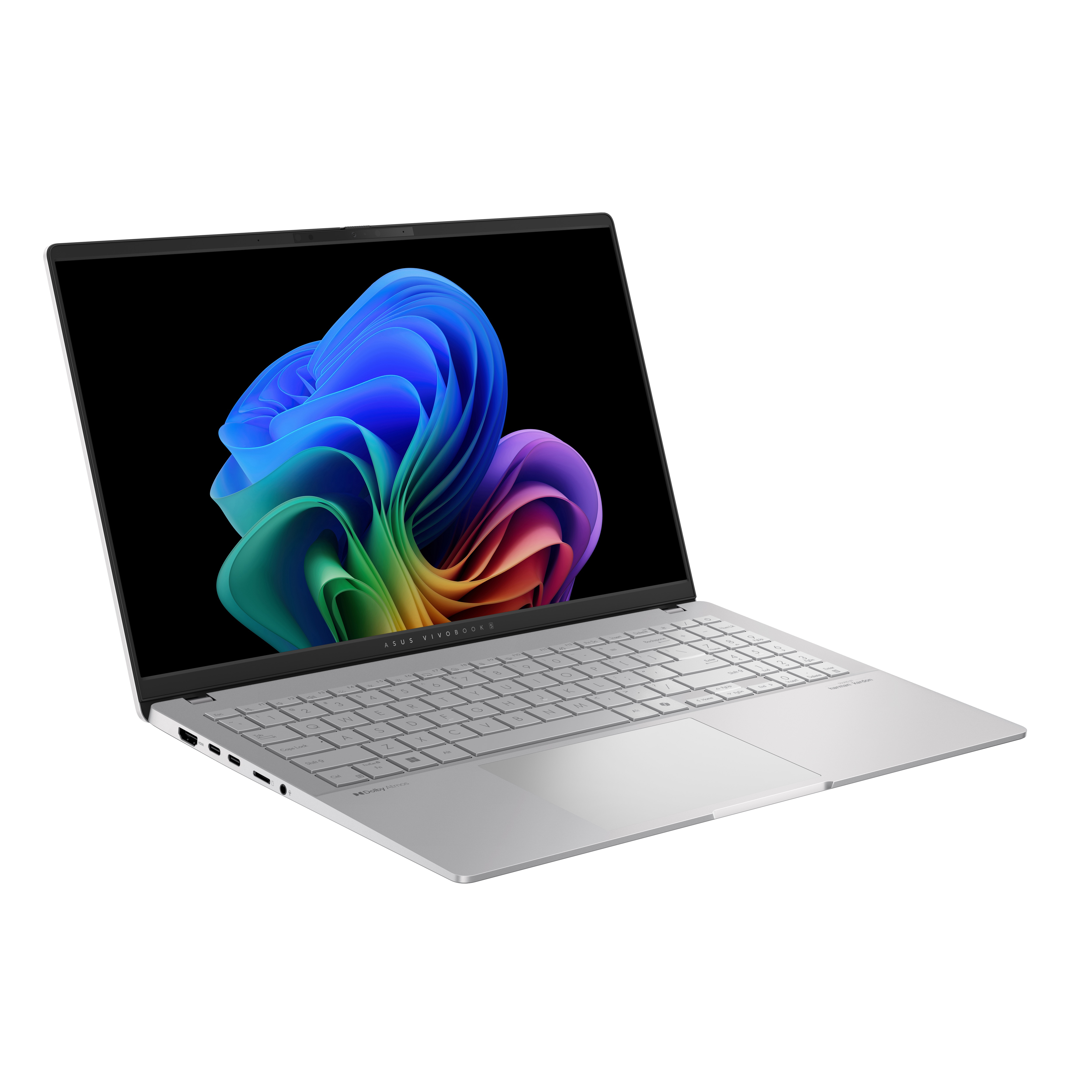 Silberner Laptop mit farbenfrohem Bildschirm. Er ist geöffnet und zeigt ein lebendiges Design.