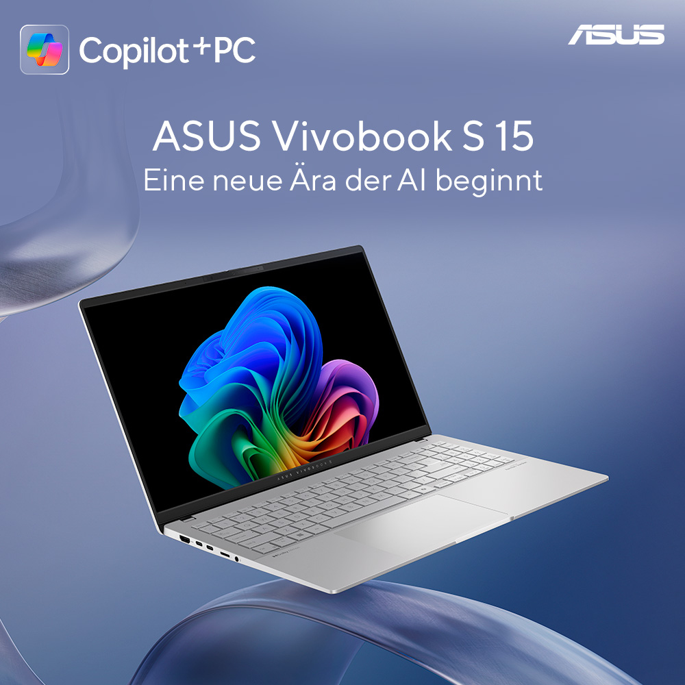 Silberner Laptop mit farbenfrohem Bildschirm und Text: ASUS Vivobook S 15. Copilot+PC Logo.