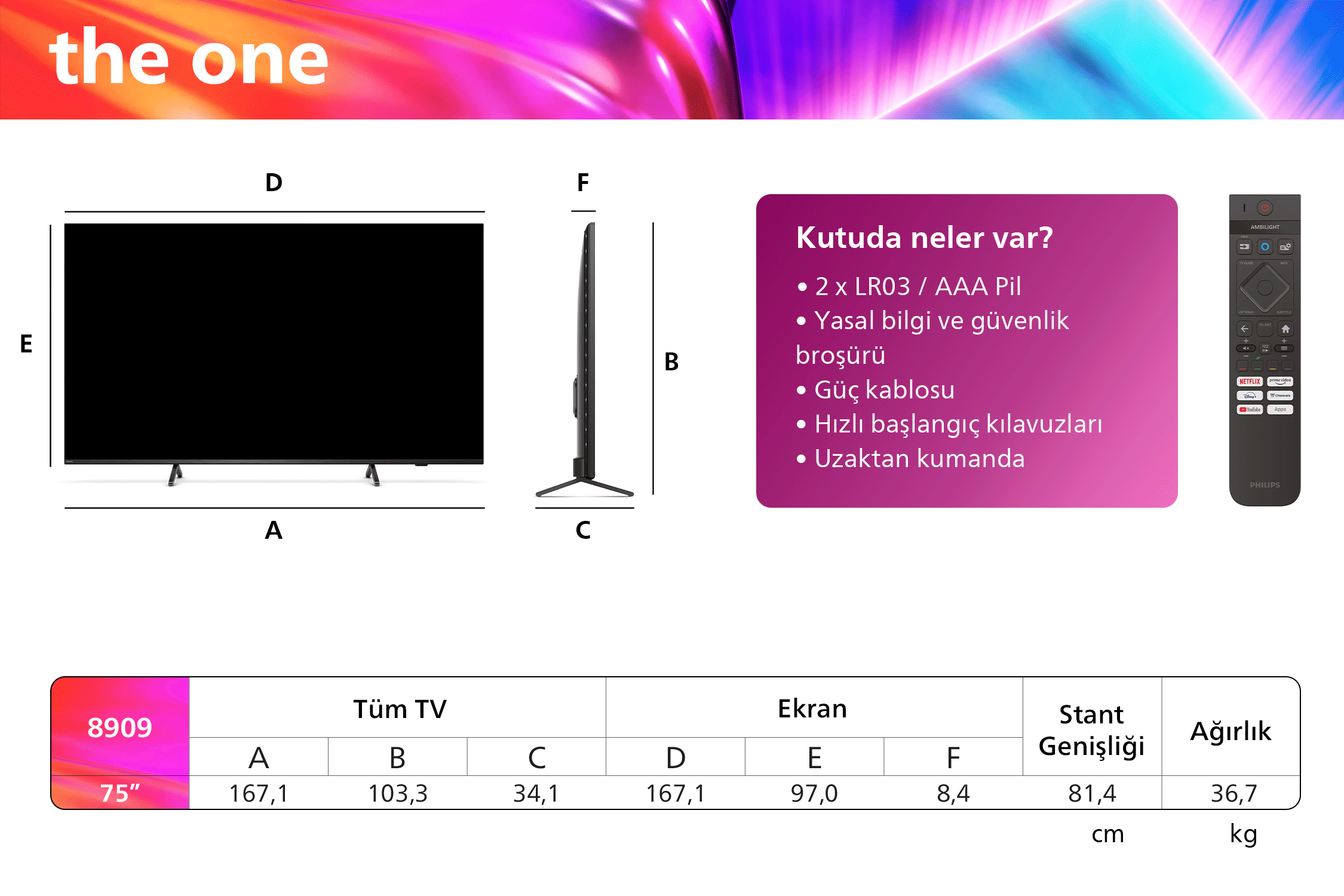 Bir TV ekranı boyutları gösteriyor ve yanında bir uzaktan kumanda var.