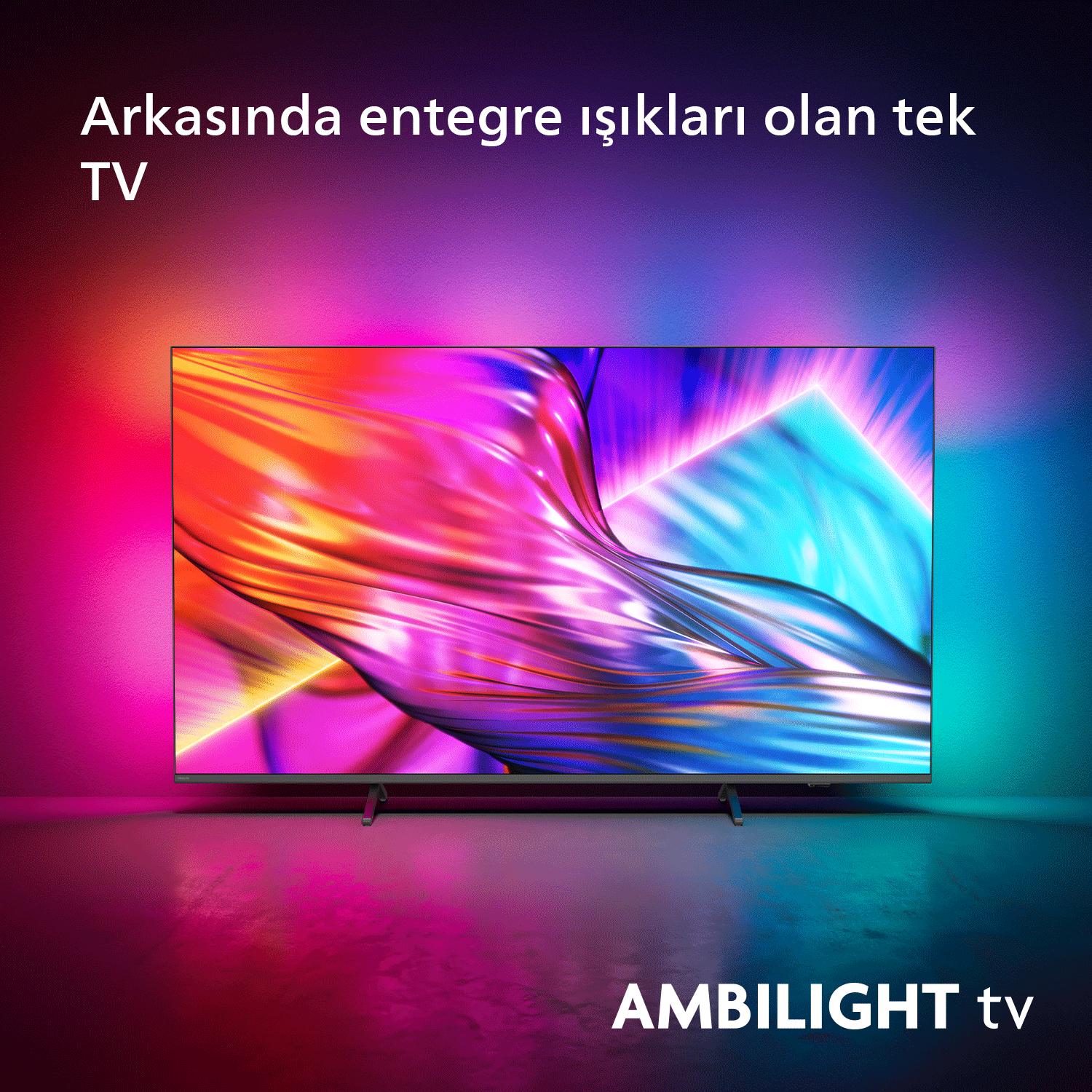 Renkli ışık desenleri ve 'AMBILIGHT tv' yazısı olan bir TV ekranı.