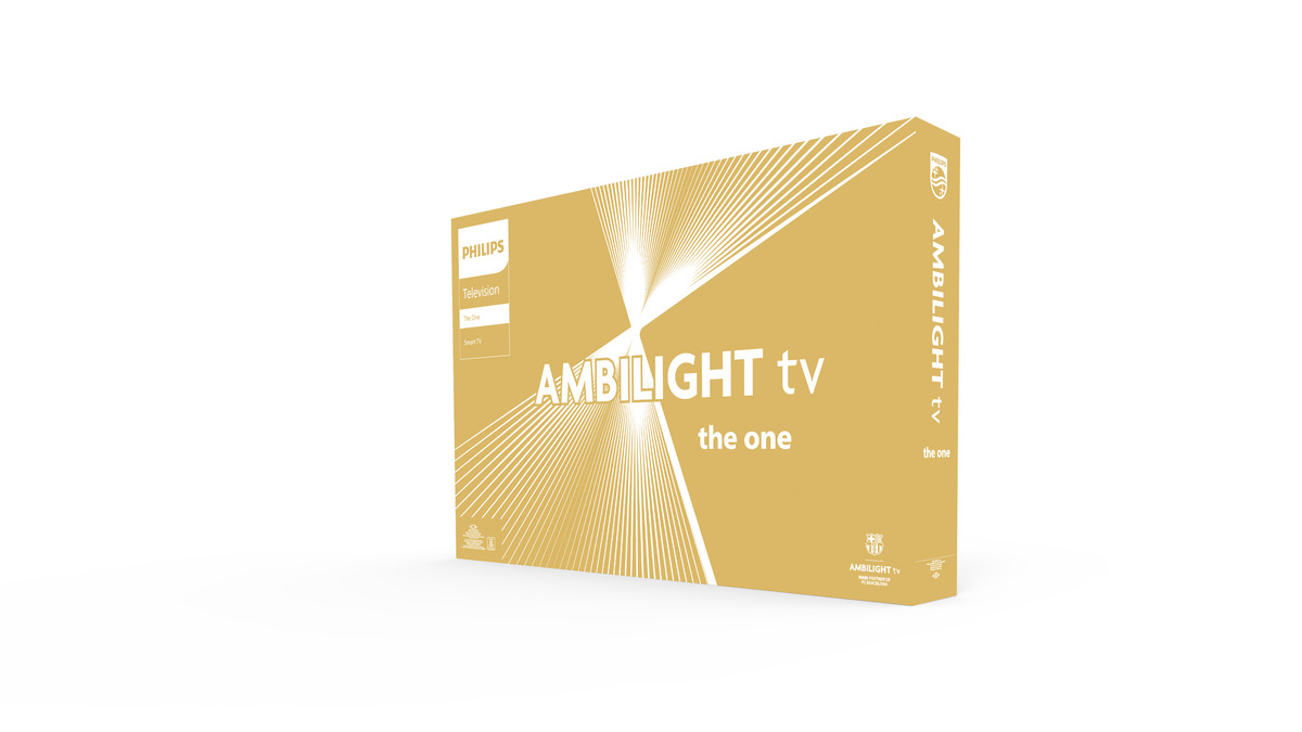 Altın tasarım gösteren, beyaz zemin üzerinde izole edilmiş bir Philips Ambilight TV kutusu.