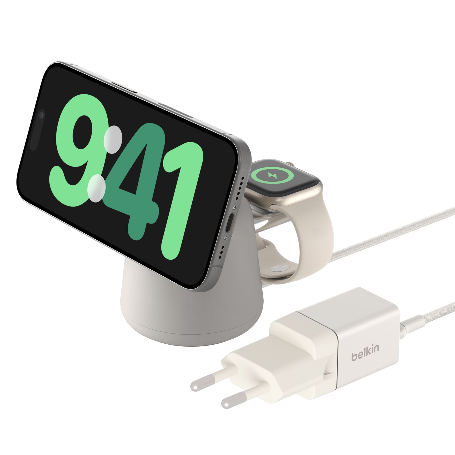 Een oplaadstation met een telefoon met 9:41, een Apple Watch en een witte Belkin oplader.