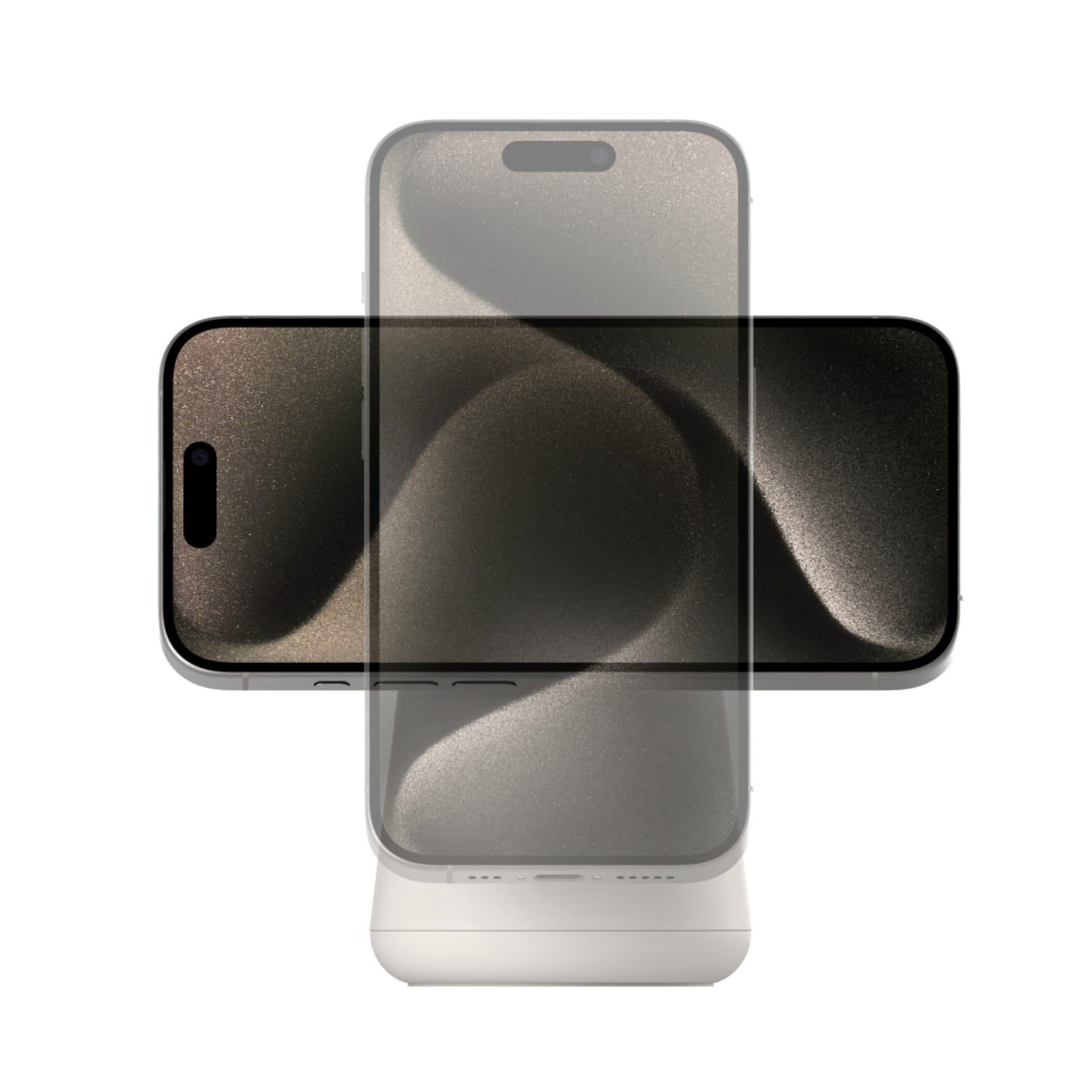 Telefoon zwevend, transparant over witte basis, met interne onderdelen. Schaduweffect.