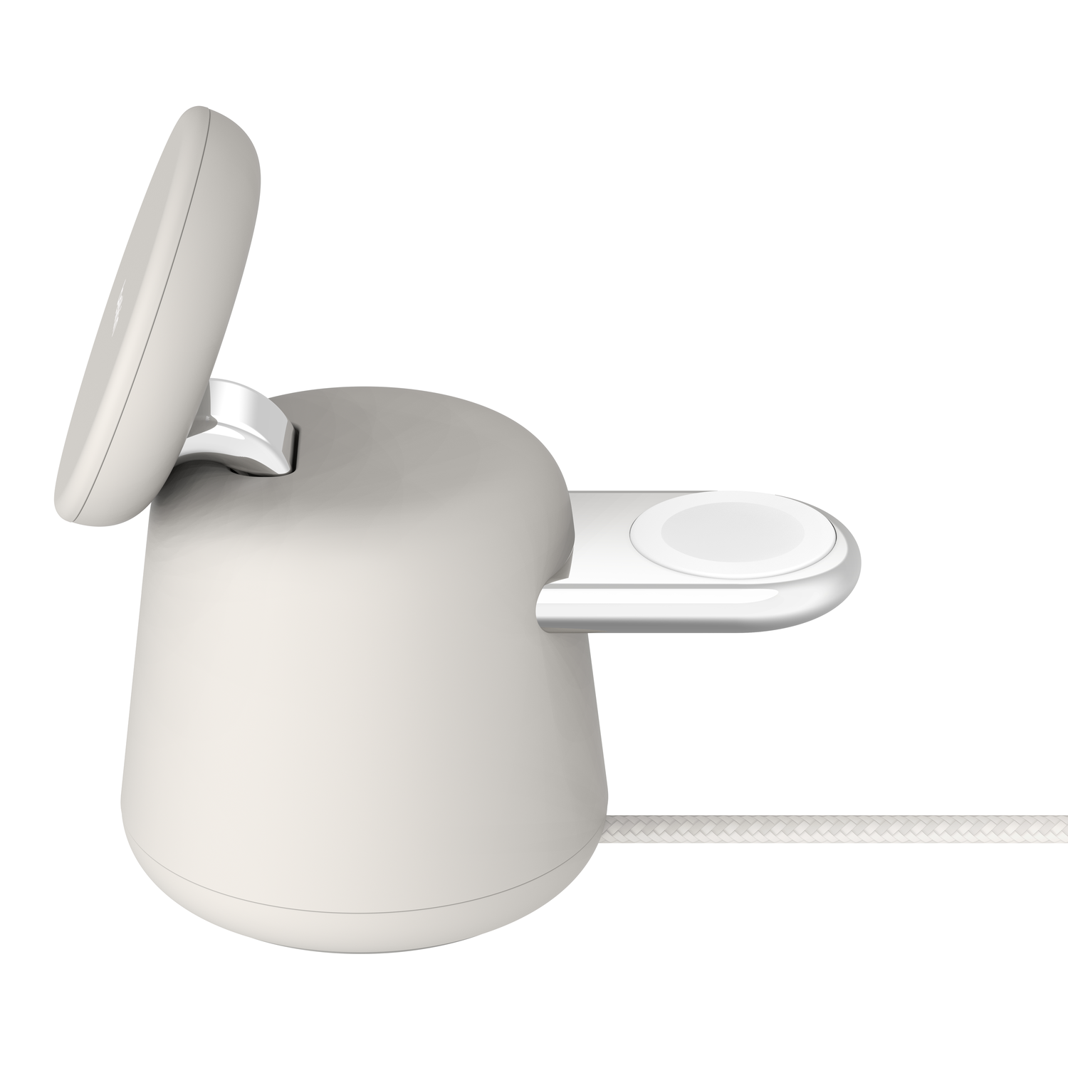 Witte oplaadstation voor telefoon en horloge. Ronde basis met een horlogelader.