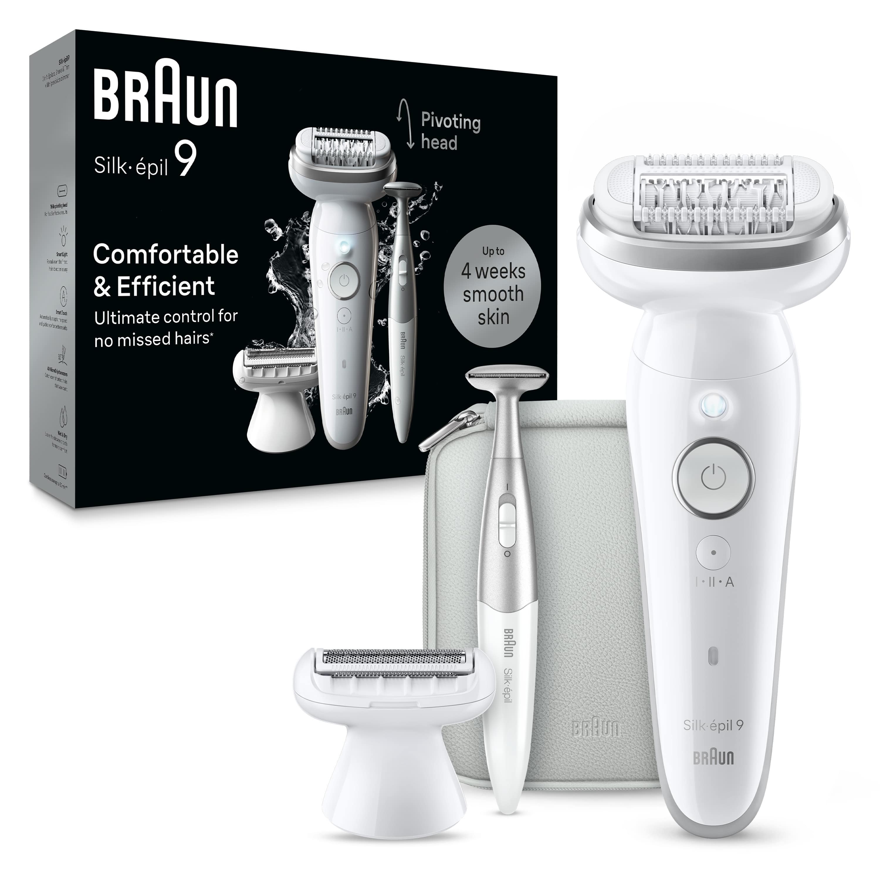 Braun Silk-épil 9 epilatör seti, aksesuarlar ve ambalaj ile. Beyaz ve gri renkler.