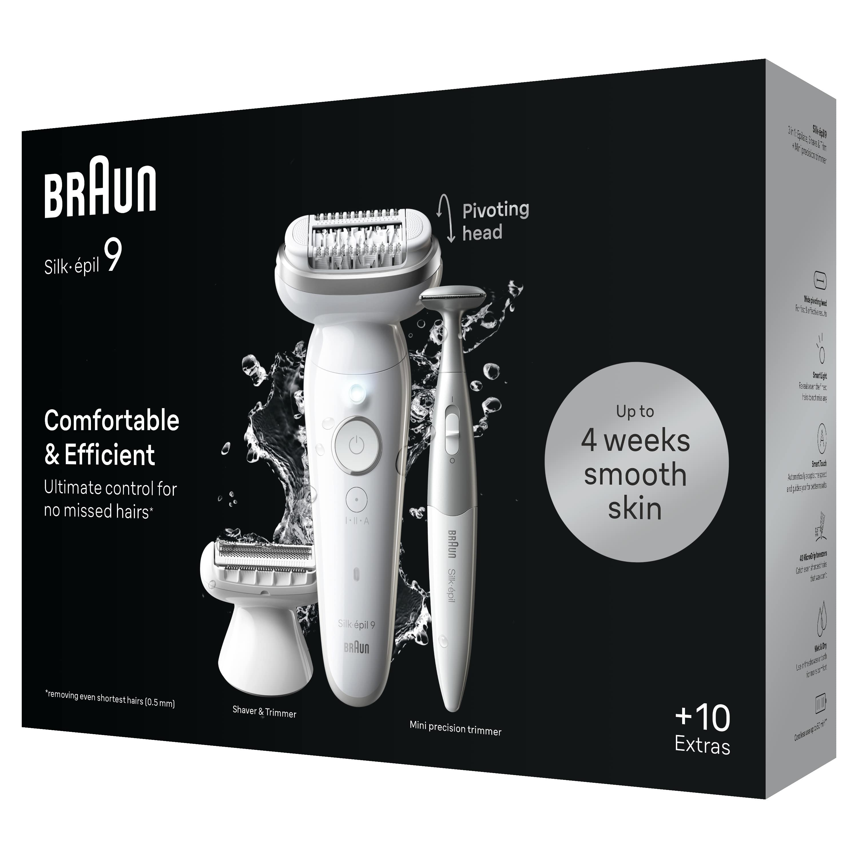 Bir tıraş makinesi ve düzeltici içeren bir kutu, metin ve ürünün parçalarını gösteren bir diyagramla.