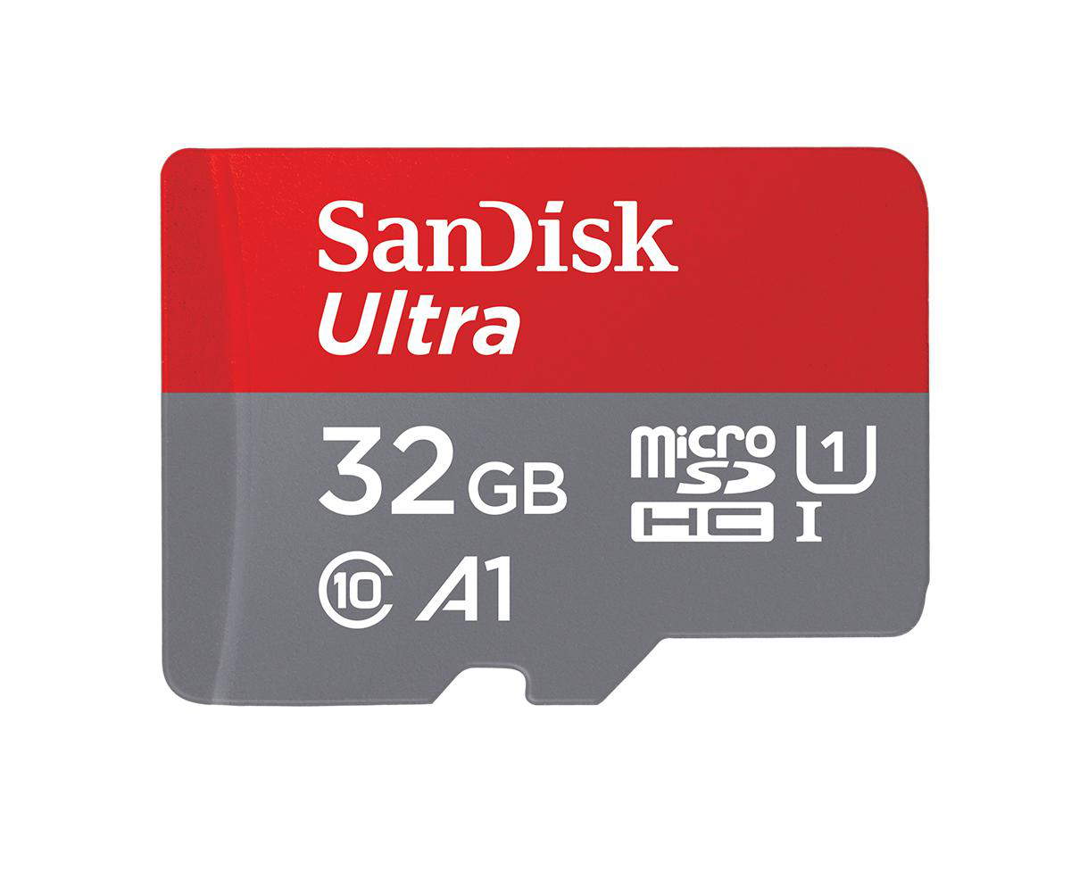 Eine rot-graue Sandisk Ultra 32GB microSD-Karte.