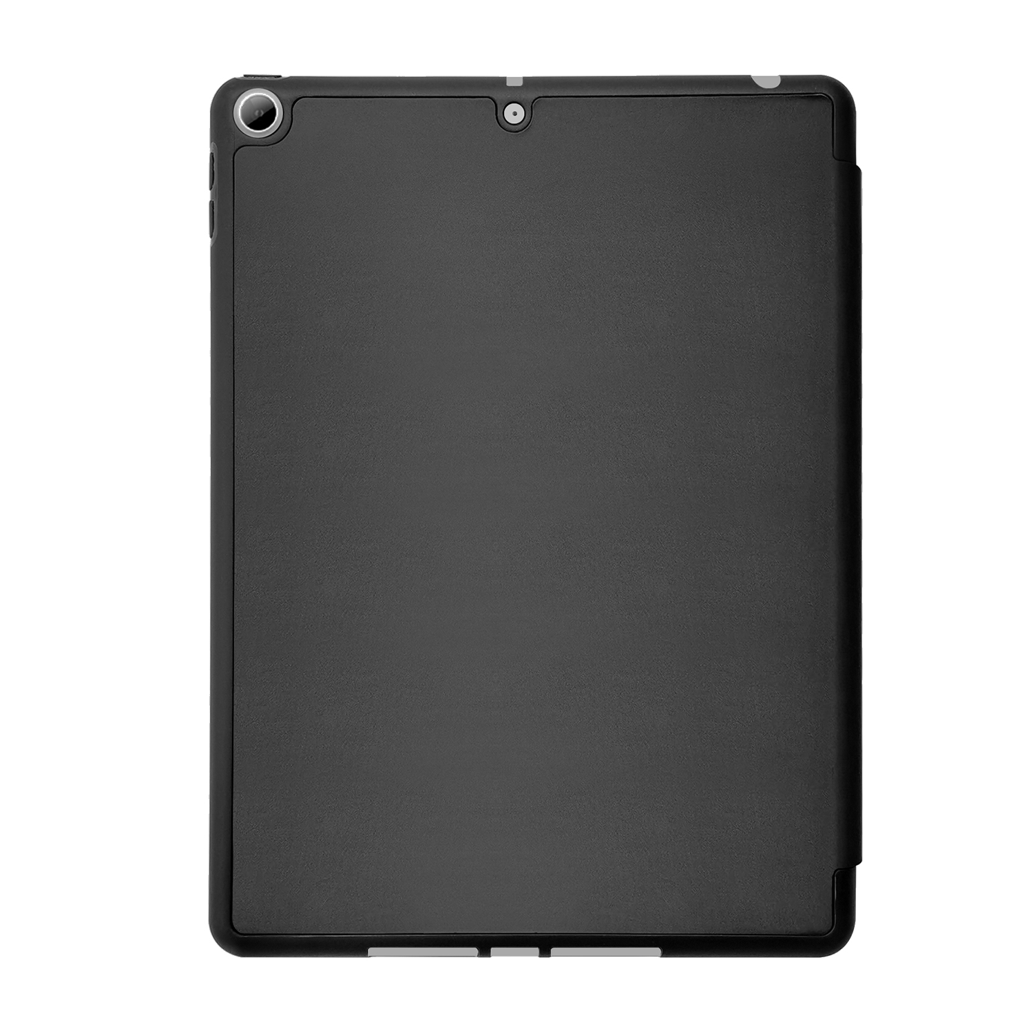 Custodia per tablet nera chiusa, con foro per la fotocamera e piccolo pulsante. Design elegante.