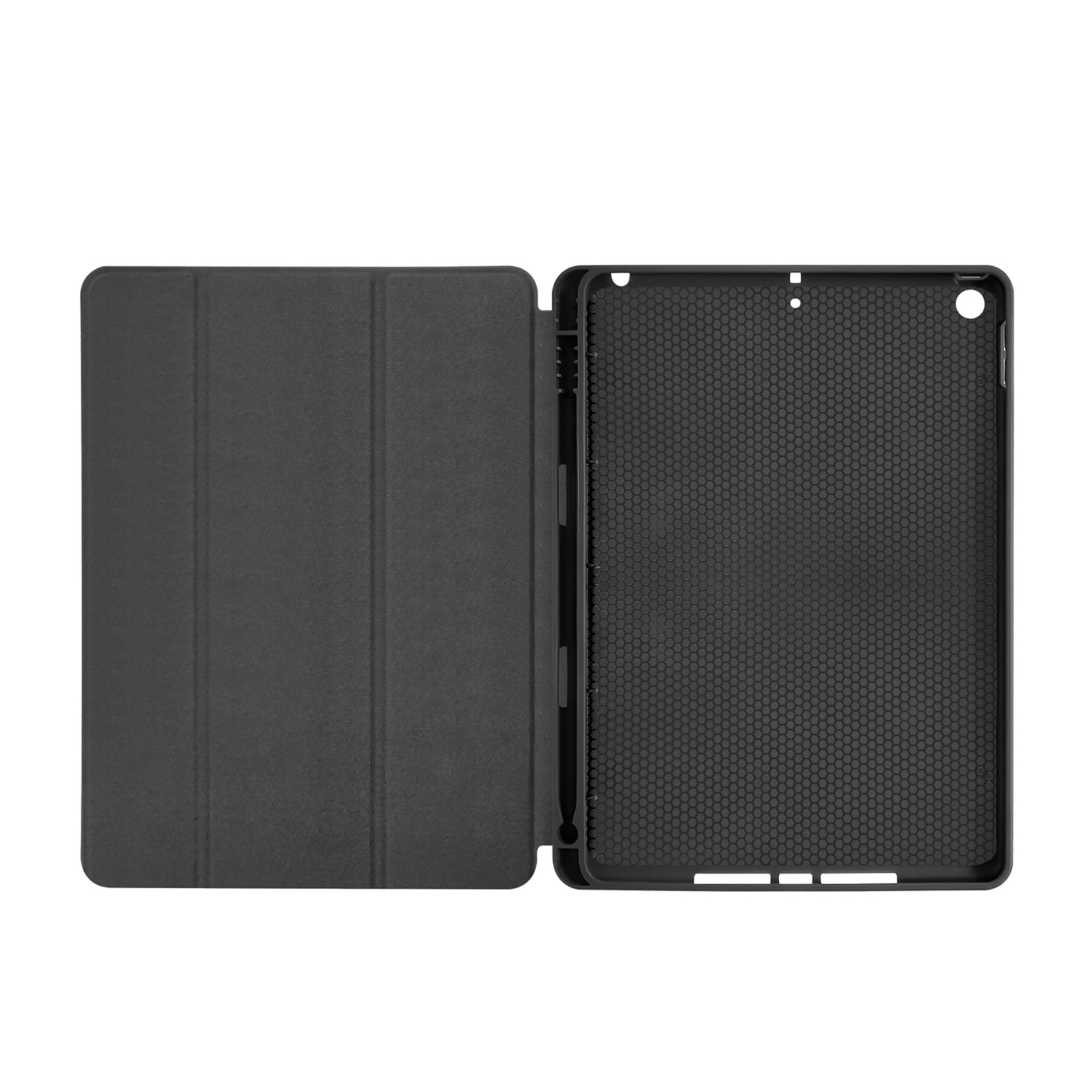 Custodia per tablet nera, aperta, che rivela l'interno con un motivo a nido d'ape.