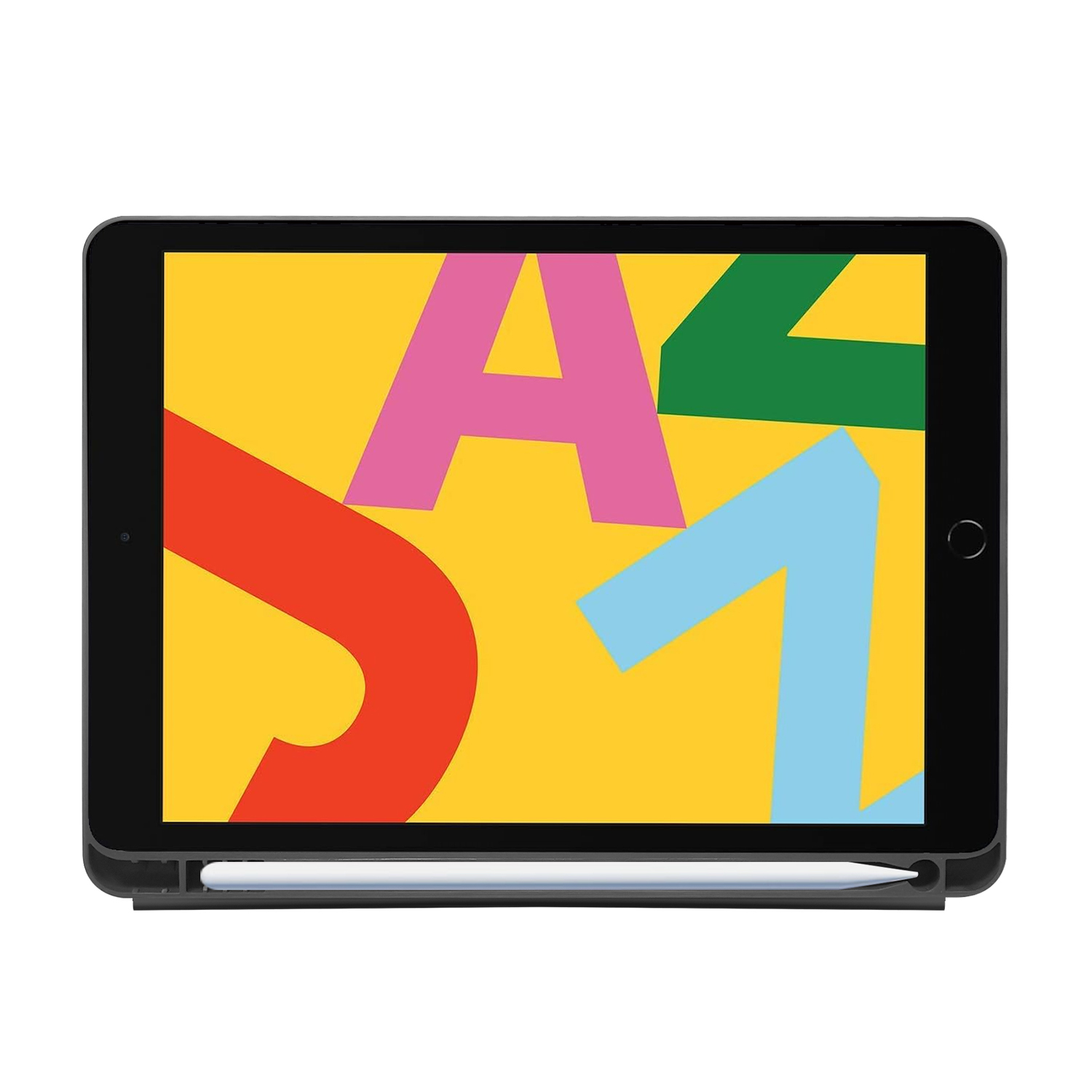 Un iPad nero con sfondo giallo, con numeri grandi e una matita.