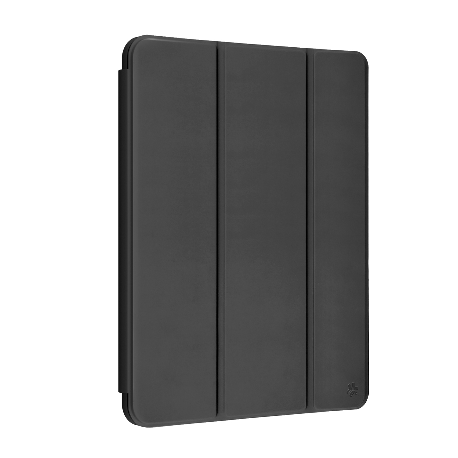Custodia per tablet nera, chiusa, vista laterale, su una superficie bianca.