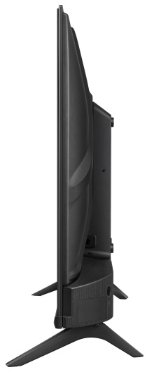 Widok z boku czarnego telewizora na stojaku. Stojak ma trzy nogi.