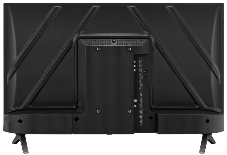 Tył czarnego telewizora z widocznymi portami i nóżkami.