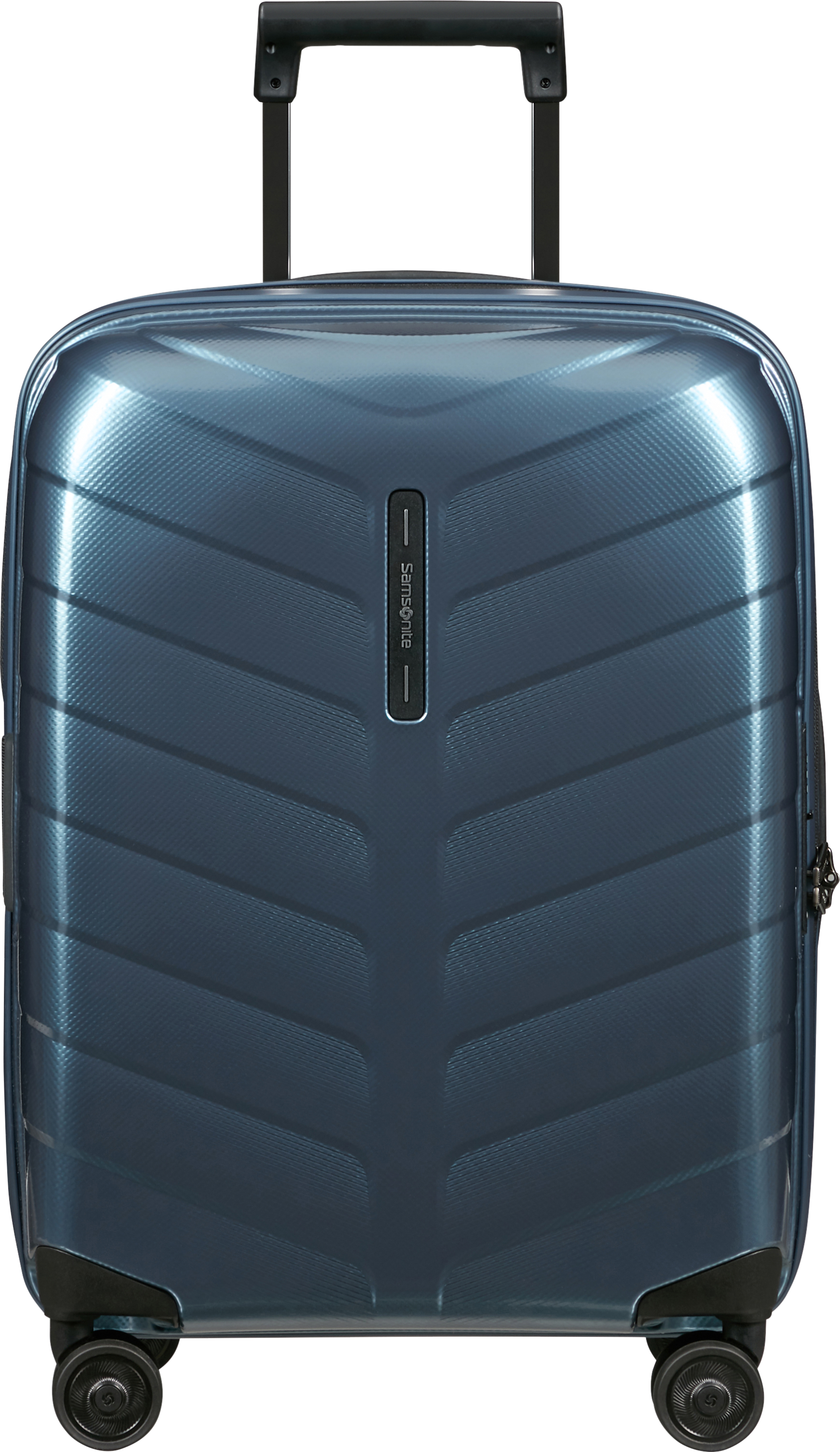 Kék Samsonite bőrönd, texturált dizájnnal, fekete fogantyúval és kerekekkel.
