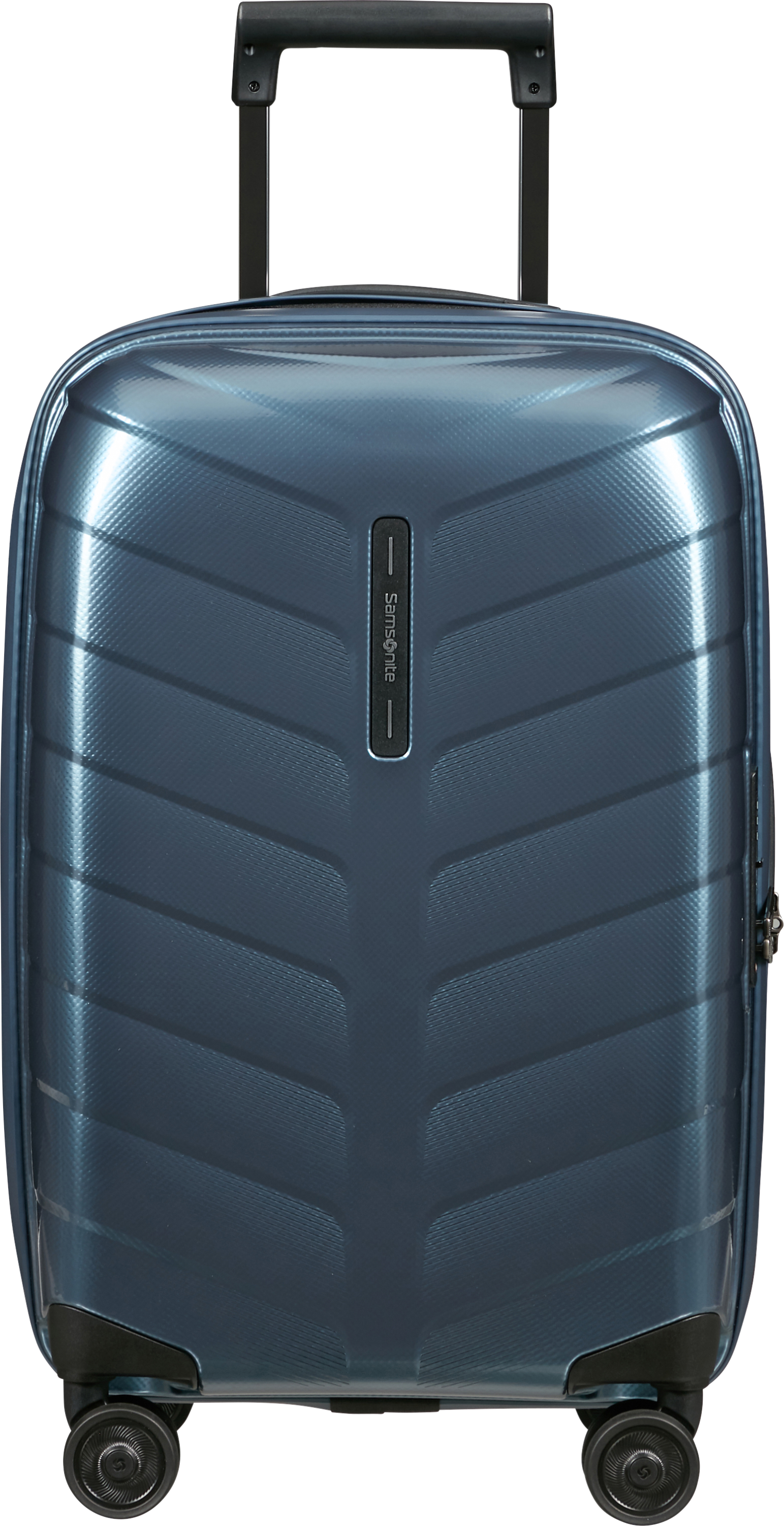 Kék Samsonite bőrönd texturált levélmintával, fekete fogantyúval és kerekekkel.