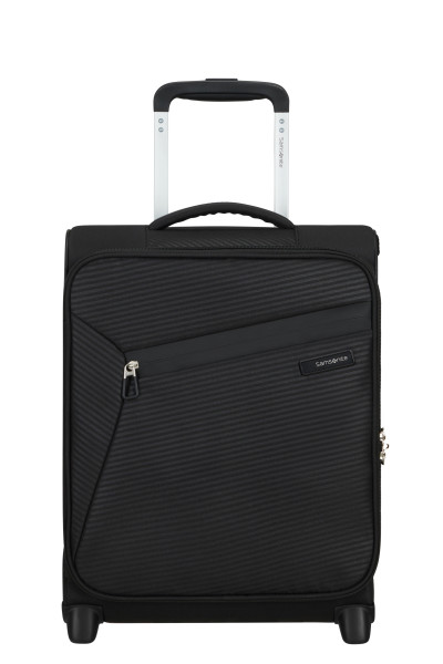 Fekete gurulós bőrönd, kihúzott fogantyúval. A Samsonite logó látható. Fehér háttér.