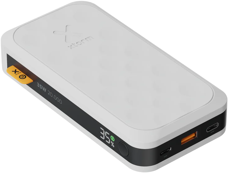 Weißes Powerbank mit einem Bildschirm, der den Ladeprozentsatz anzeigt.
