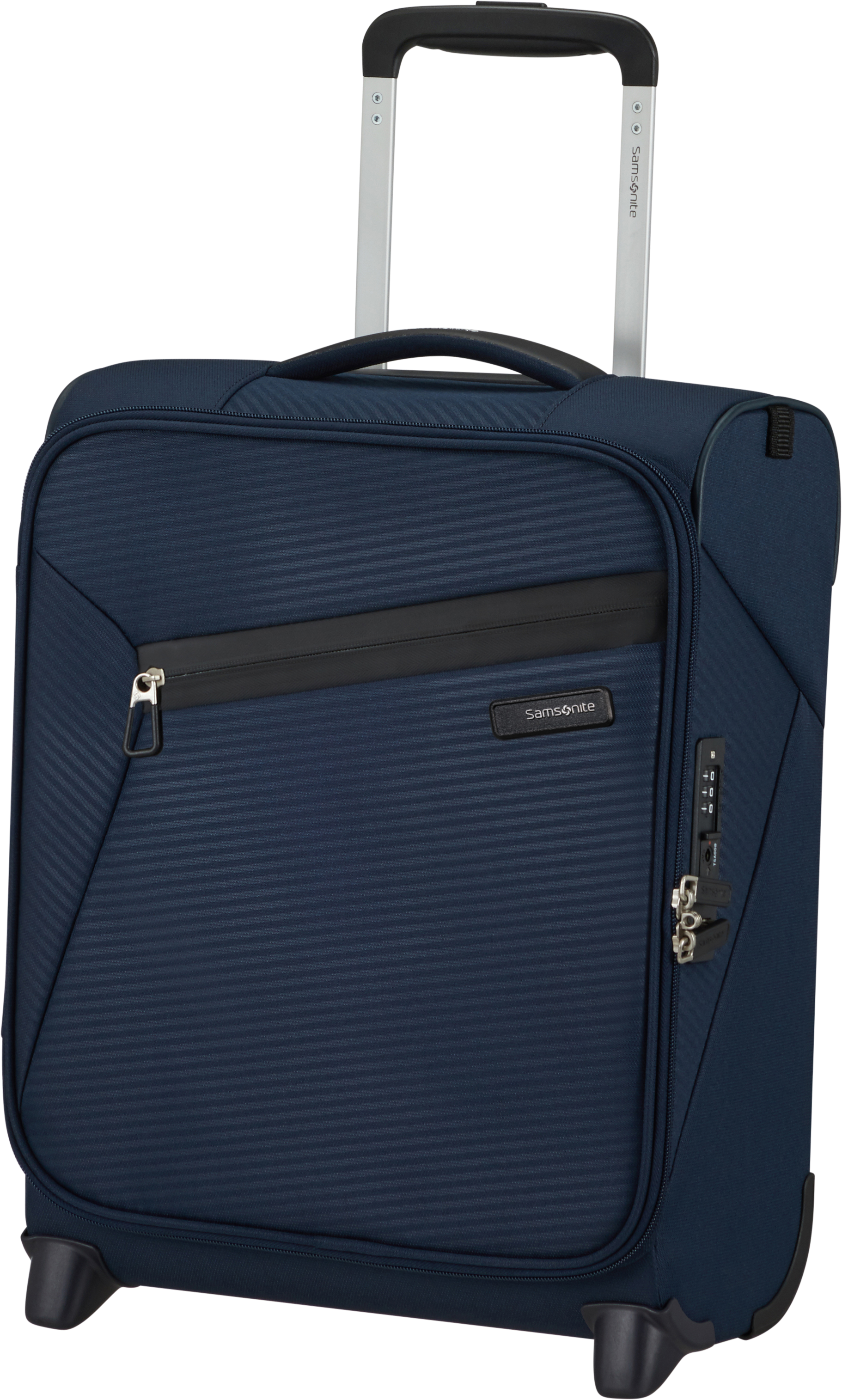 Tengerészkék Samsonite bőrönd kihúzható fogantyúval. Fekete cipzár részletek. Kerekeken áll.