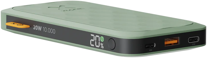 Eine grüne und schwarze Powerbank mit digitaler Anzeige, die 20 % Ladung anzeigt.