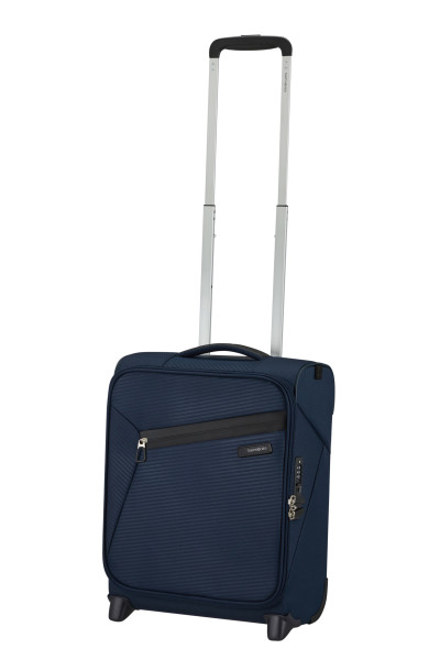 Egy sötétkék Samsonite kézipoggyász bőrönd kihúzható fogantyúval és kerekekkel.