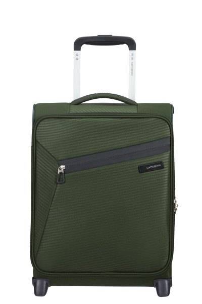 Zöld bőrönd, fogantyúval és kerekekkel. Samsonite logó látható. Fehér háttér.