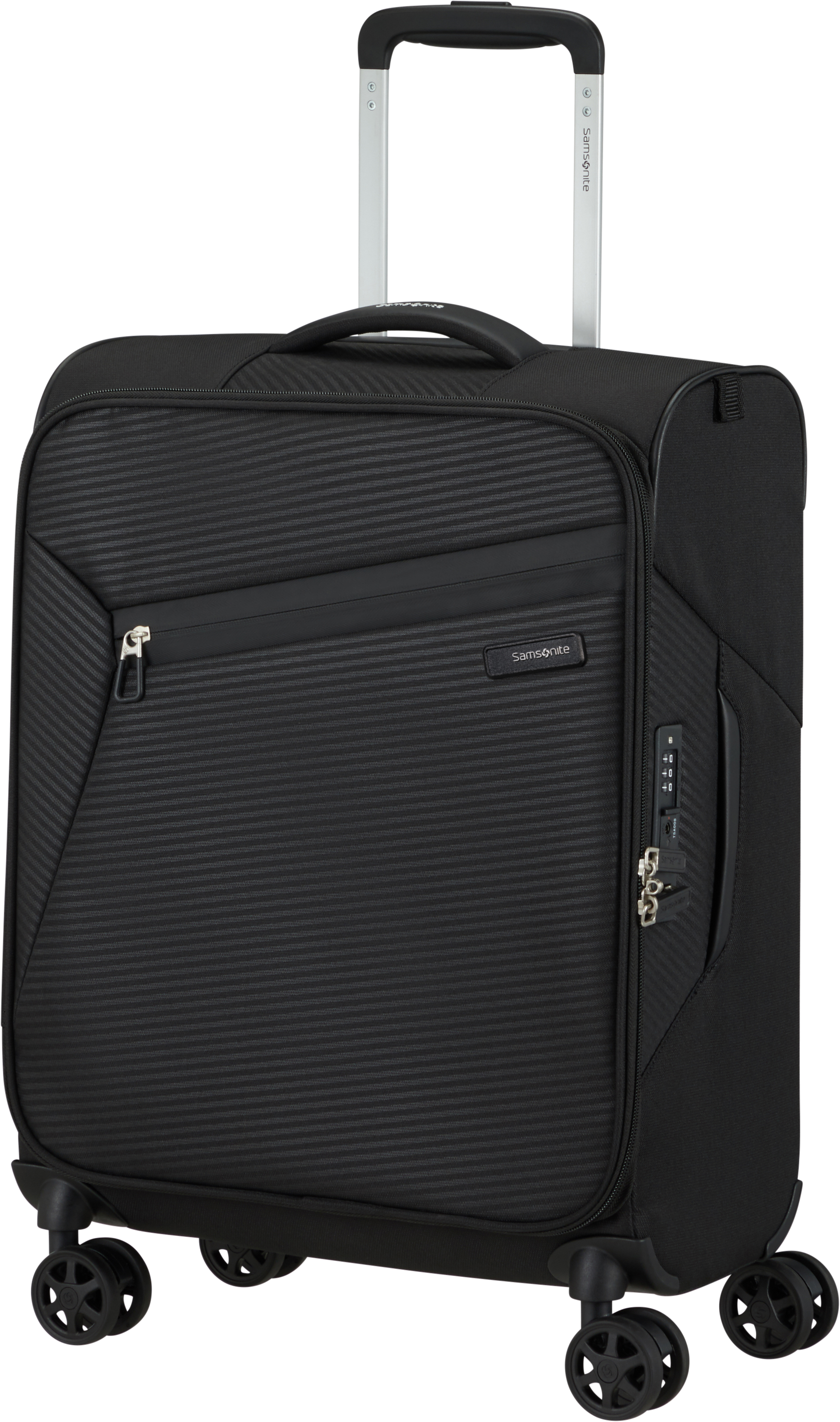 Fekete Samsonite bőrönd kerekekkel és kihúzható fogantyúval.