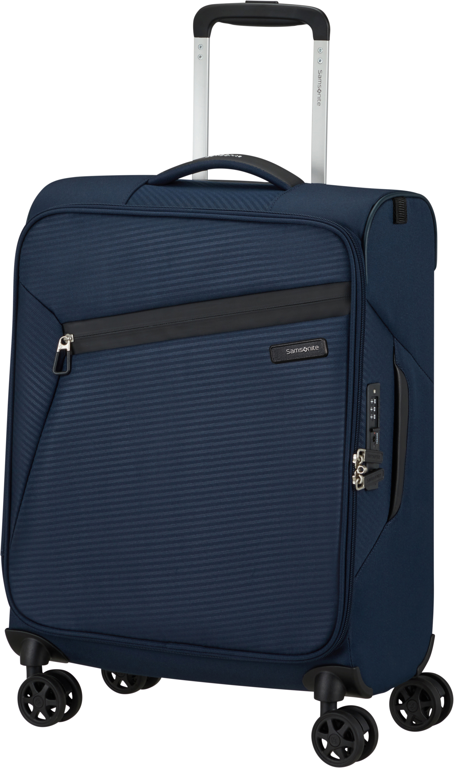 Haditengerészeti kék bőrönd fogantyúval, kerekekkel és Samsonite logóval. Fekete háttér.