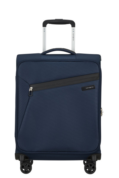 Egy sötétkék Samsonite bőrönd fehér háttéren.