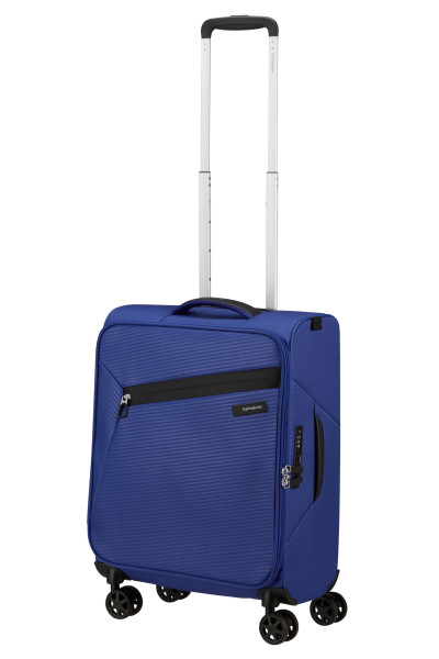 Kék Samsonite bőrönd kihúzott fogantyúval, fehér háttéren.