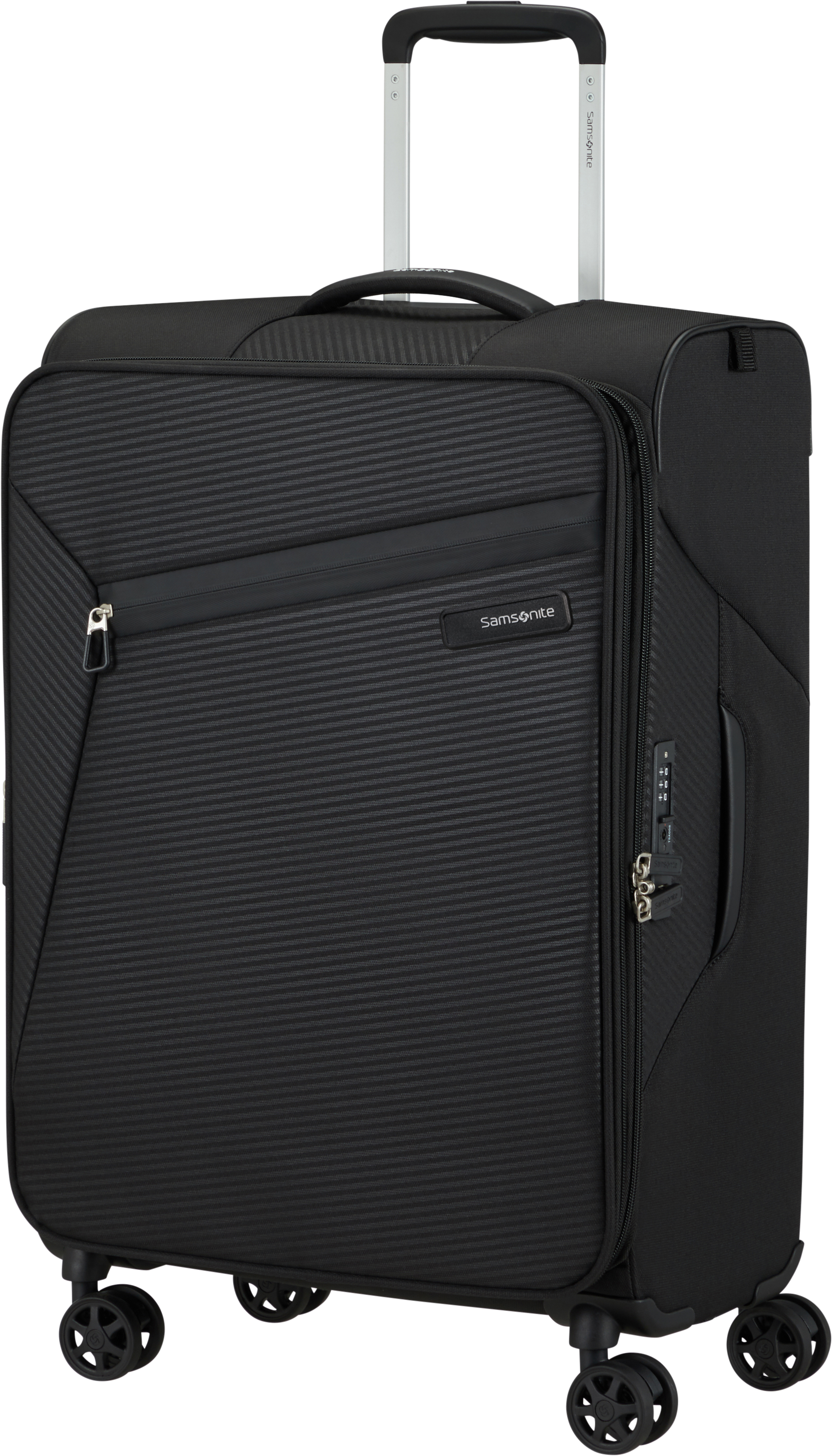 Fekete Samsonite bőrönd fogantyúval és kerekekkel.