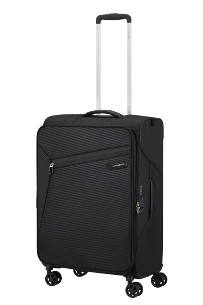 Fekete Samsonite bőrönd kihúzott fogantyúval, fehér háttérrel.