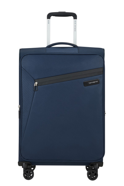 Sötétkék bőrönd fogantyúval, kerekekkel és fekete cipzárral. Samsonite márka.
