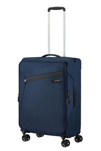 Kék Samsonite bőrönd, kihúzható fogantyúval és kerekekkel, fehér háttér előtt.
