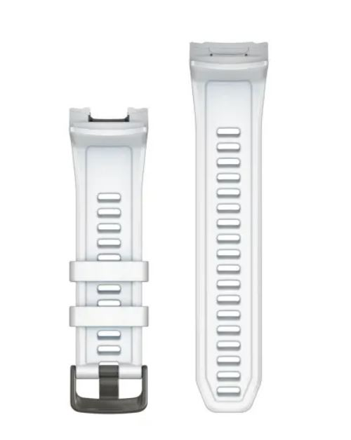 Dwa białe paski do zegarka, jeden z klamrą, oba na białym tle.