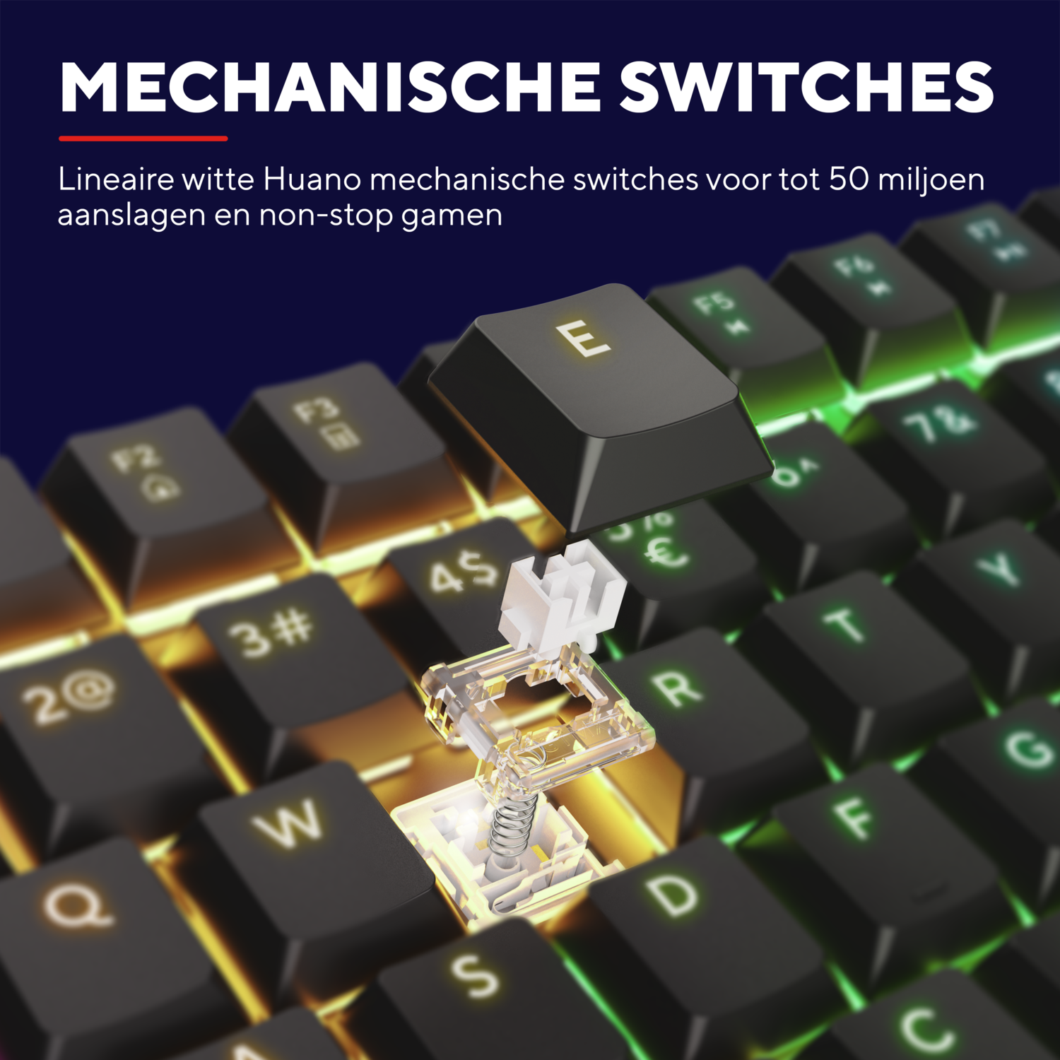 Keyboard with a key removed, showing the switch and the "E" key floating above it.