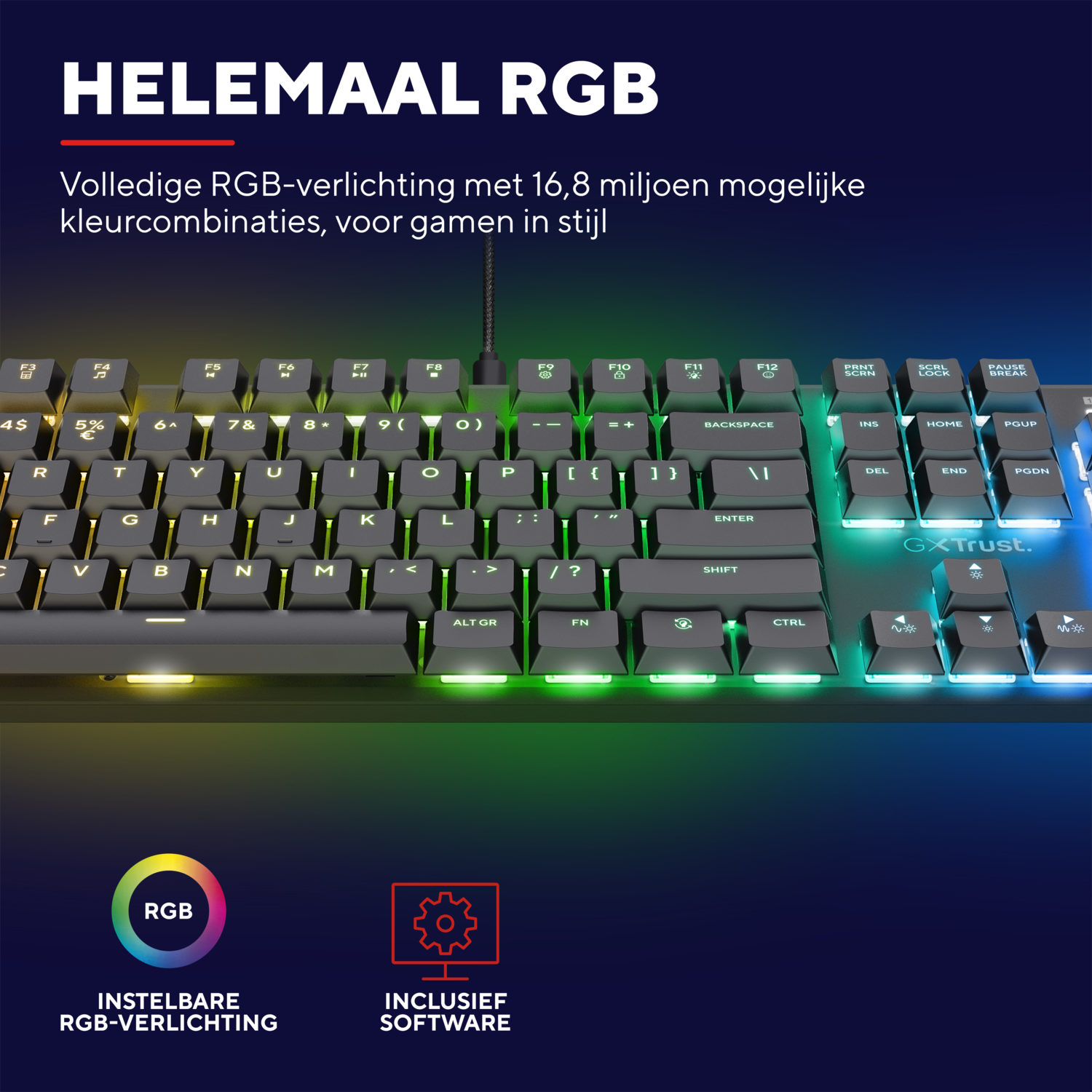 A black keyboard with colorful, bright lights. It has many keys with white lettering on them.
