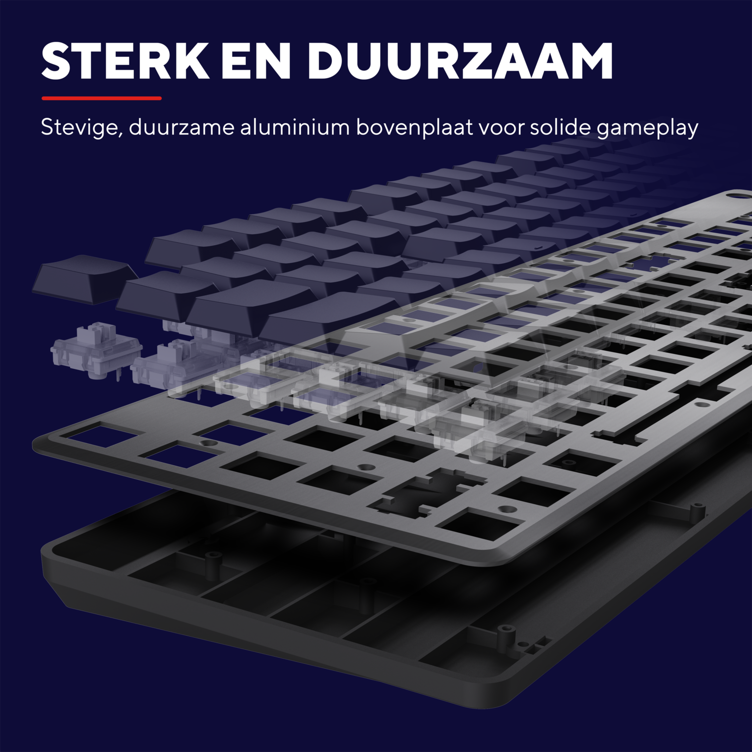 An exploded view of a black keyboard. It shows the keys, the aluminum top plate, and the internal structure with a dark blue background.