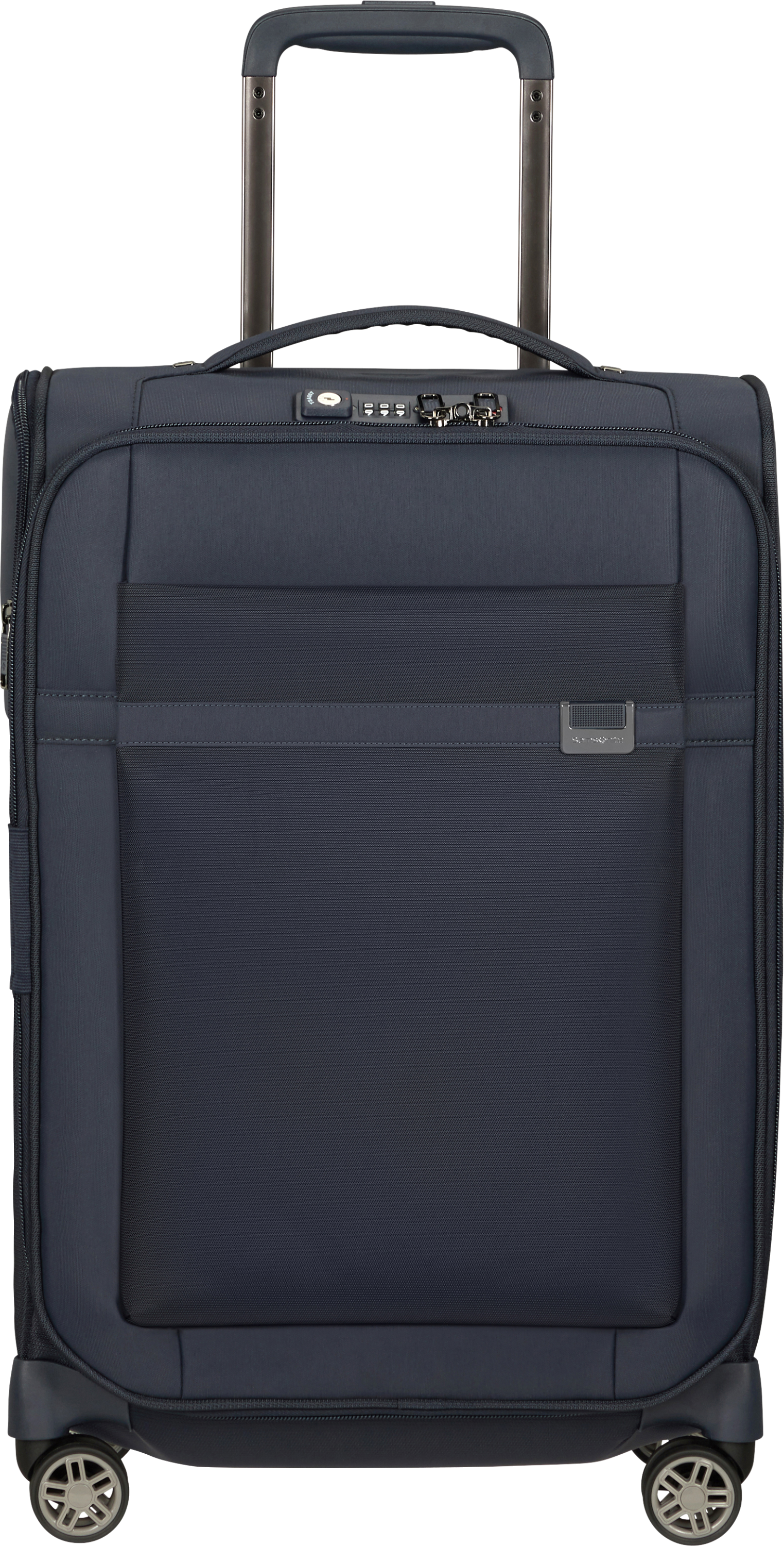 Sötétkék bőrönd fogantyúval és kerekekkel. Zár látható. Samsonite logó látható.