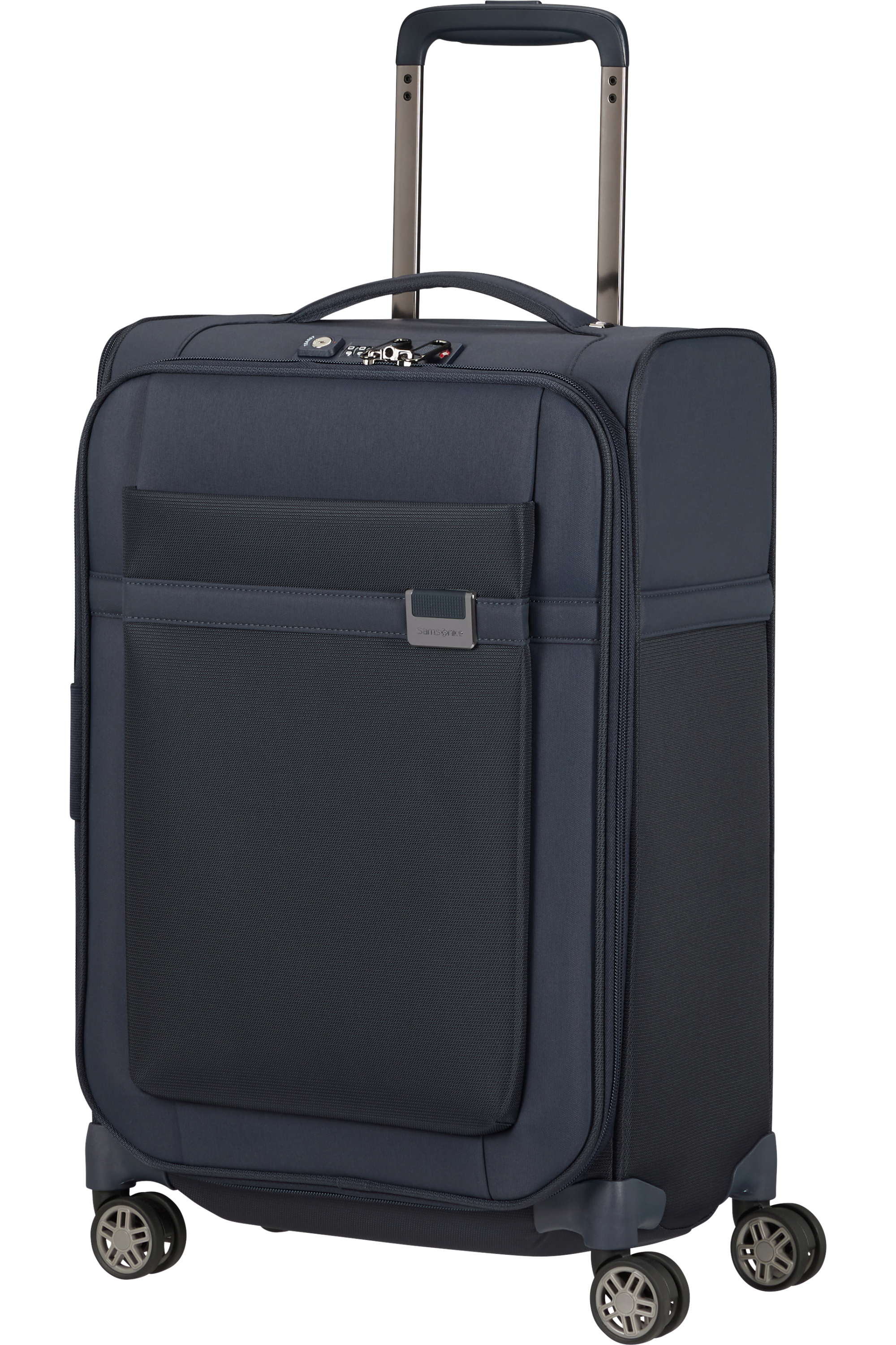 Egy kék Samsonite bőrönd fekete elülső zsebbel.