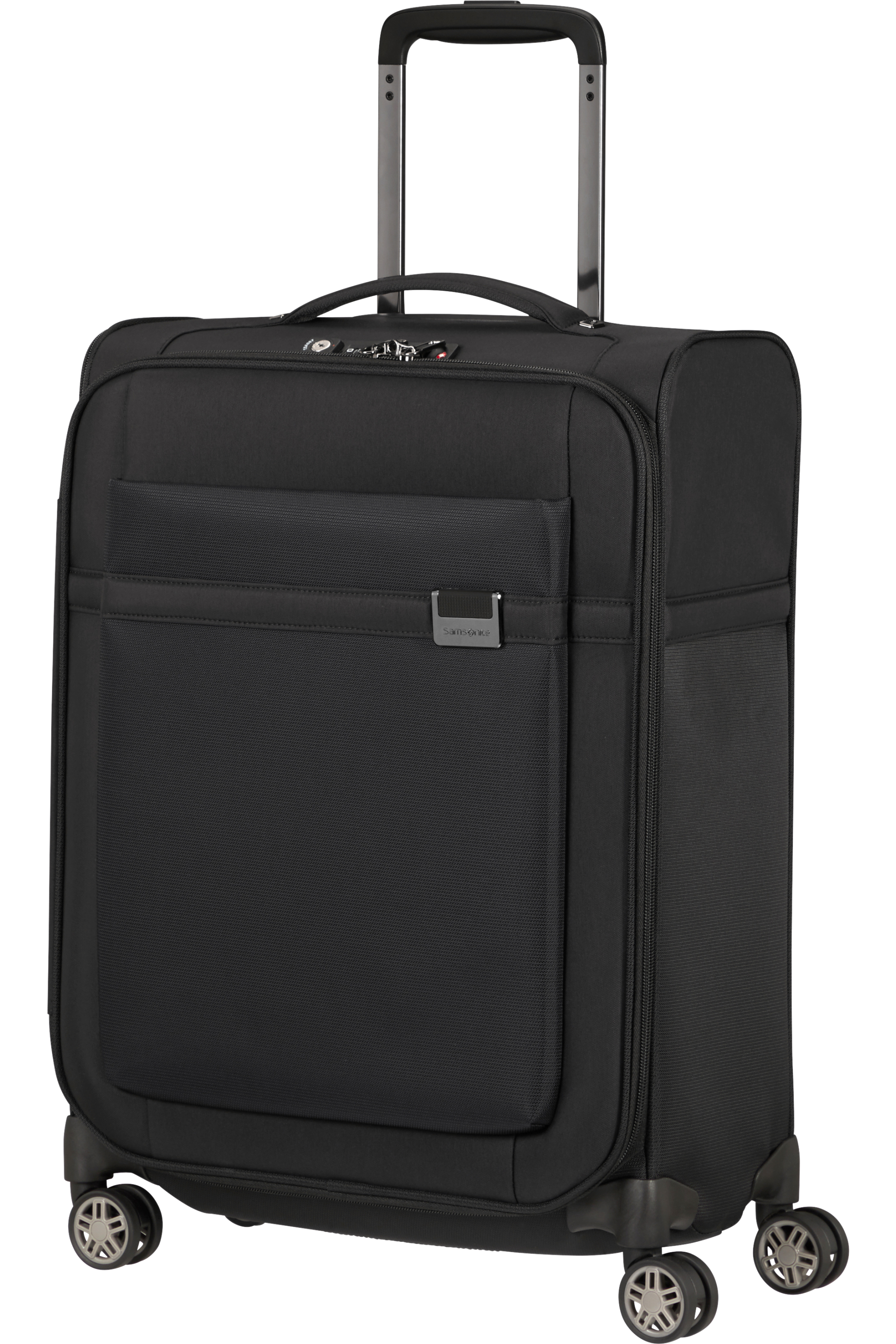 Fekete Samsonite kézipoggyász bőrönd kerekekkel és fogantyúval. Elegáns, utazásra kész dizájn.