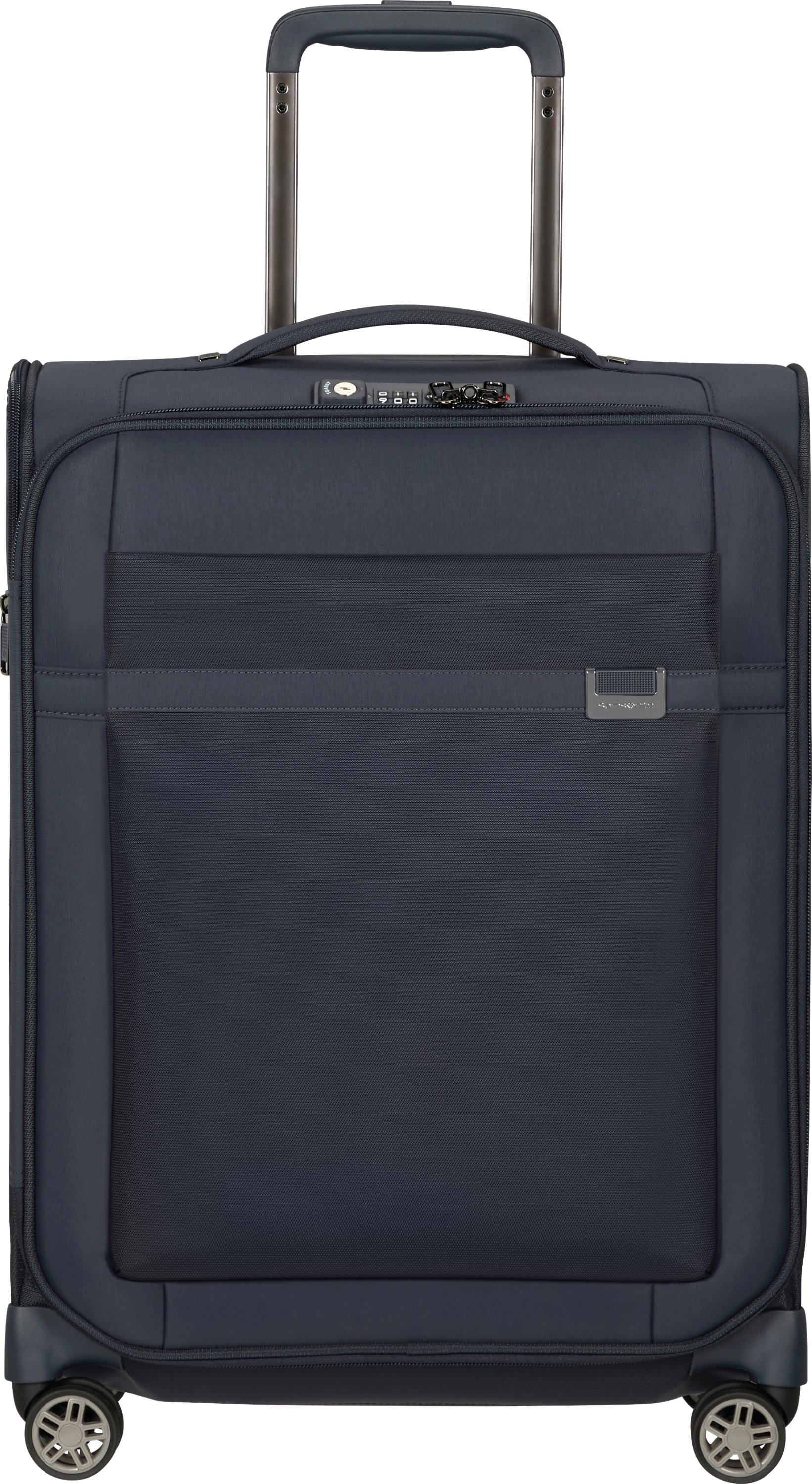Kék utazótáska fekete díszítéssel és fogantyúval. A Samsonite logó látható.