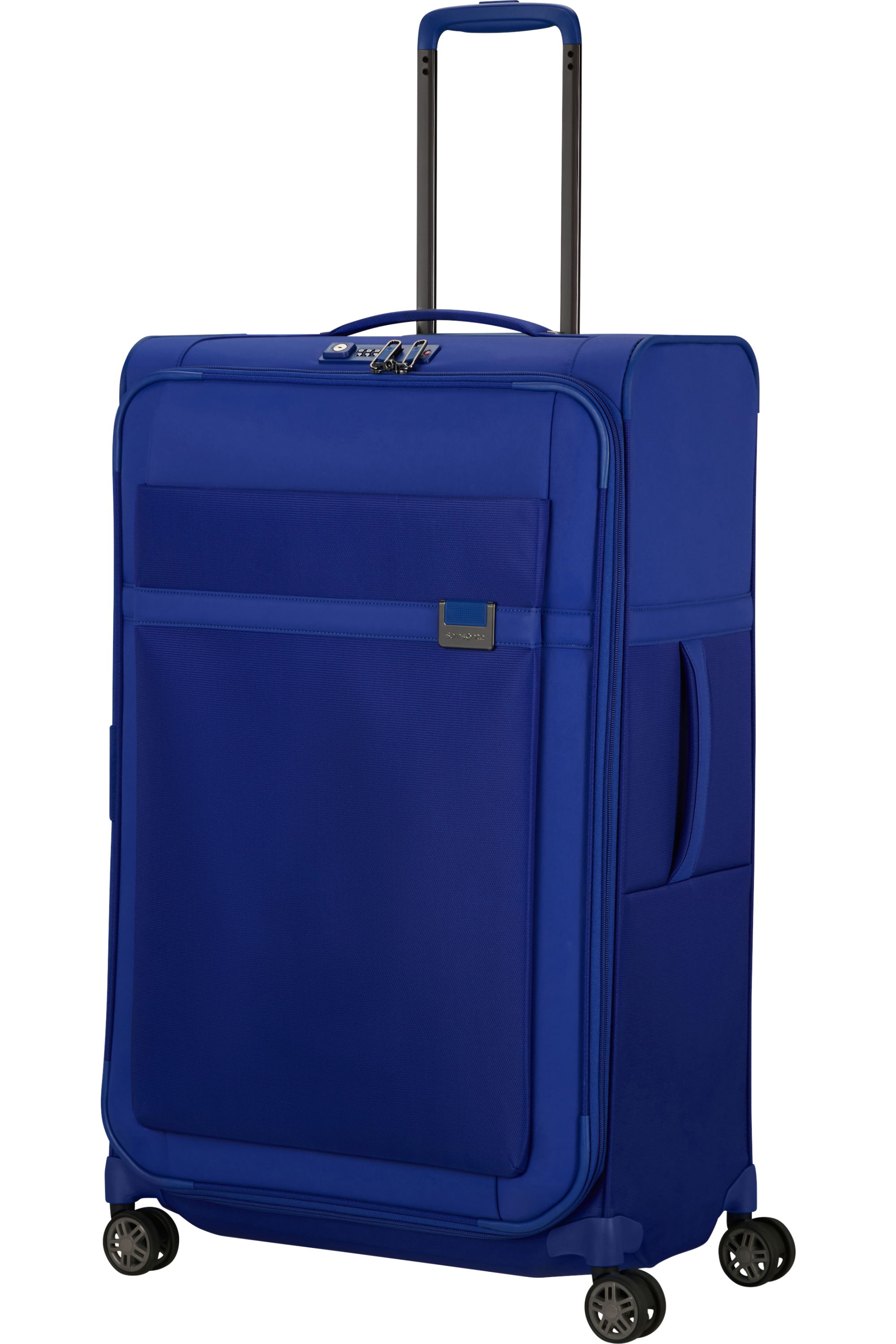 Kék bőrönd. Teleszkópos fogantyú, kerekek és oldalsó fogantyú. Samsonite márka.
