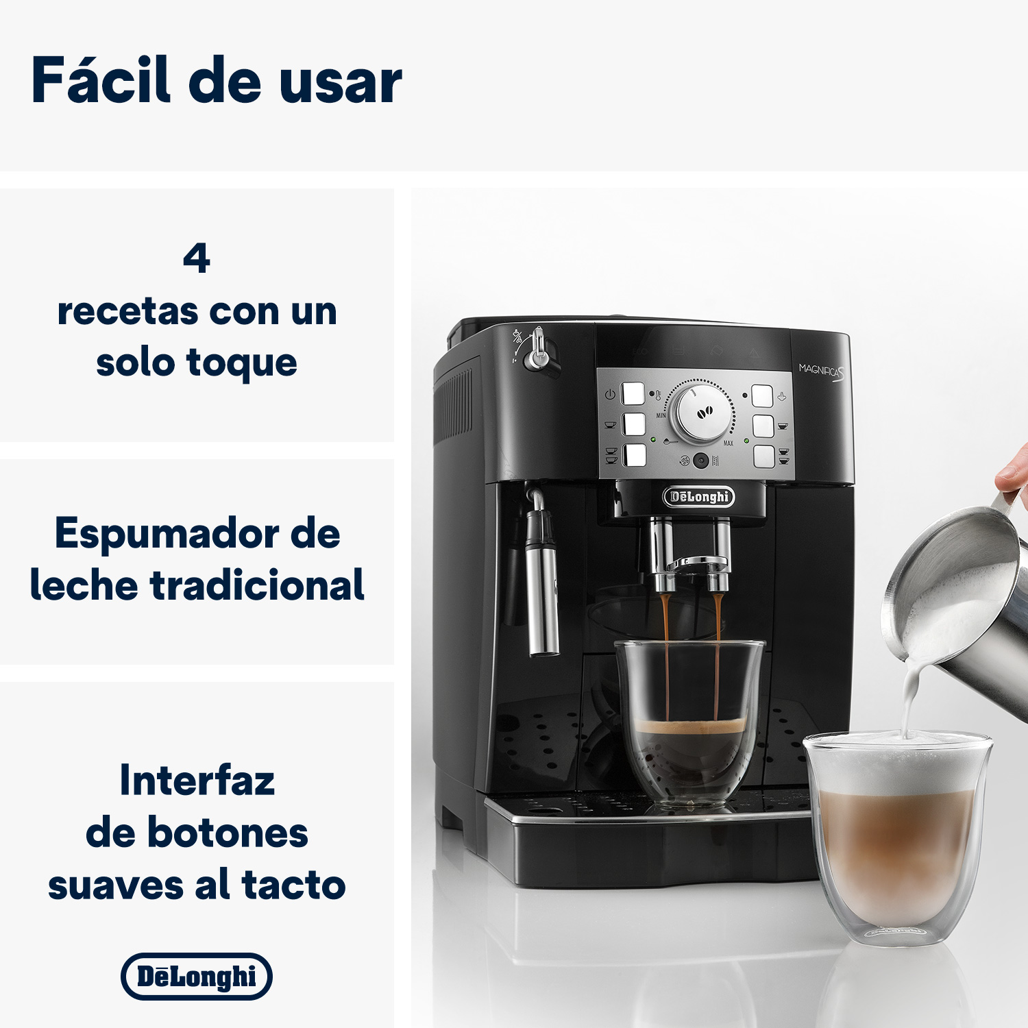 Máquina de espresso negra con instrucciones en español, preparando café.
