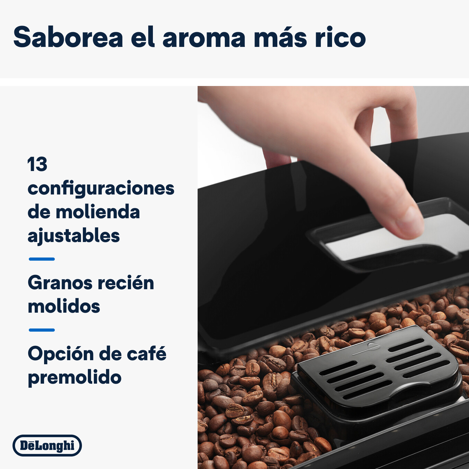 Cafetera con texto en español. Mano abriendo un contenedor de granos.