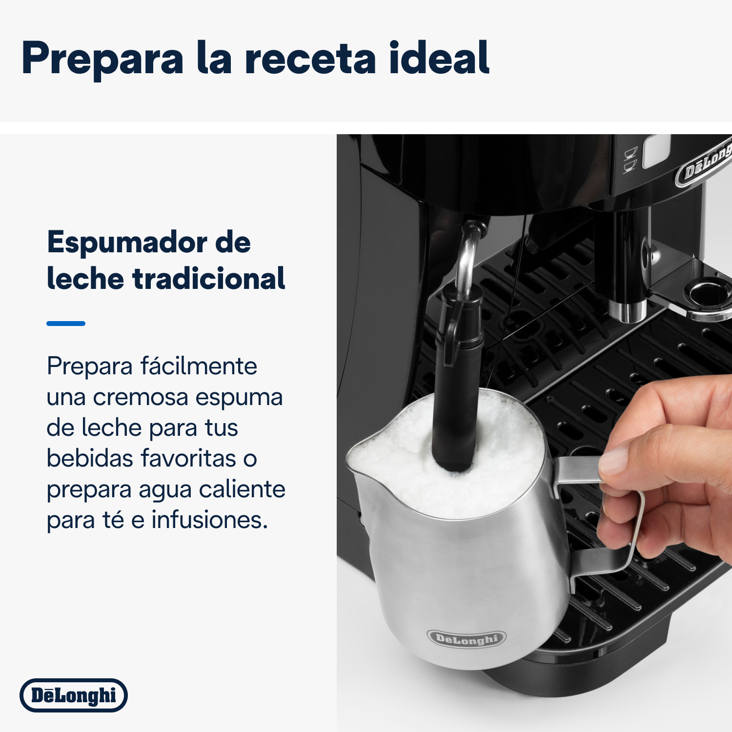 Máquina de espresso negra con un jarro humeante siendo llenado con leche por una mano.