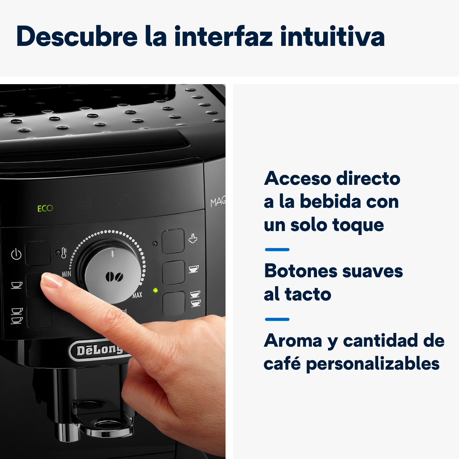 Detalle de cafetera con botones táctiles. Una mano presiona un botón, texto en español.